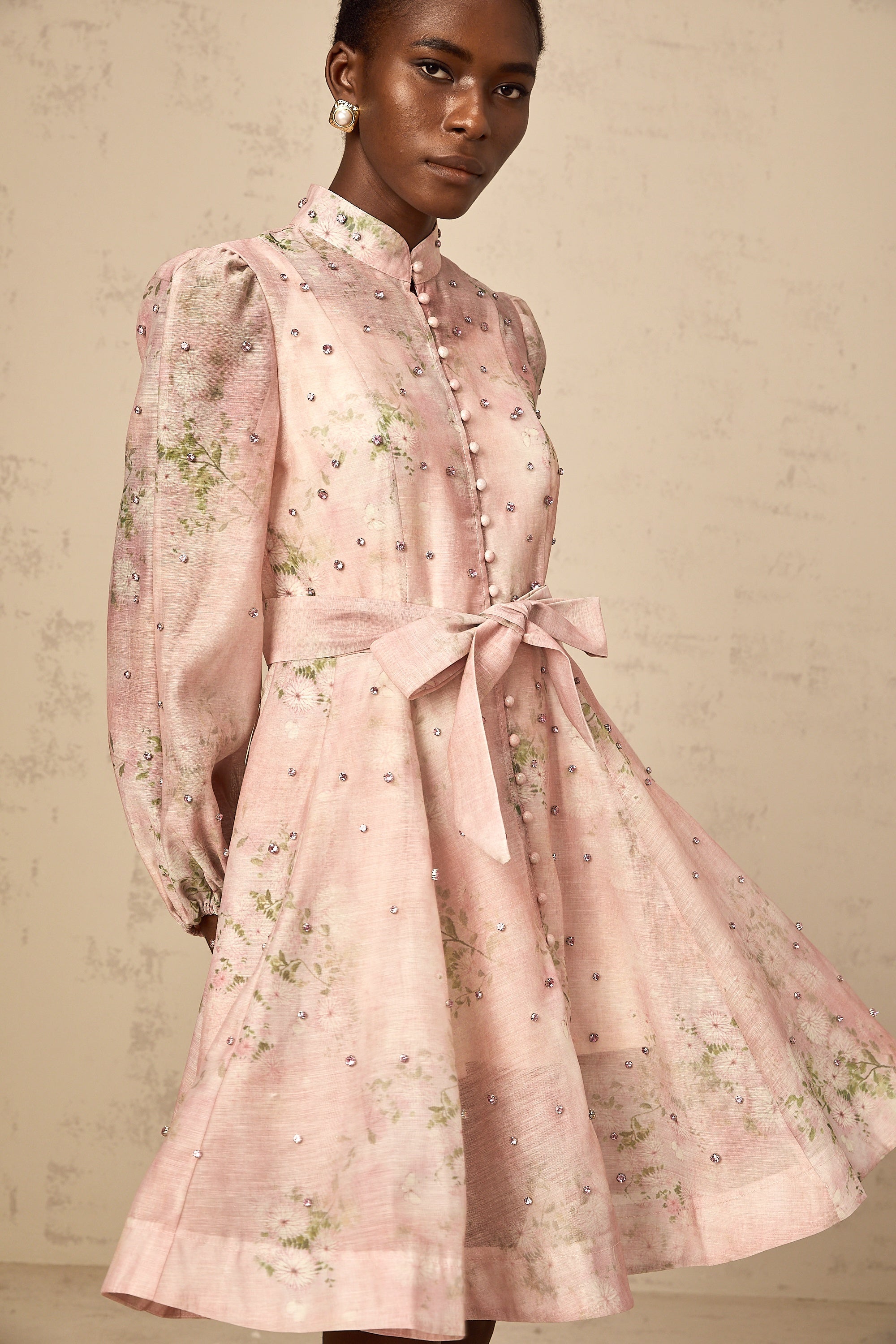 Narcisse pink embellished floral-print mini dress