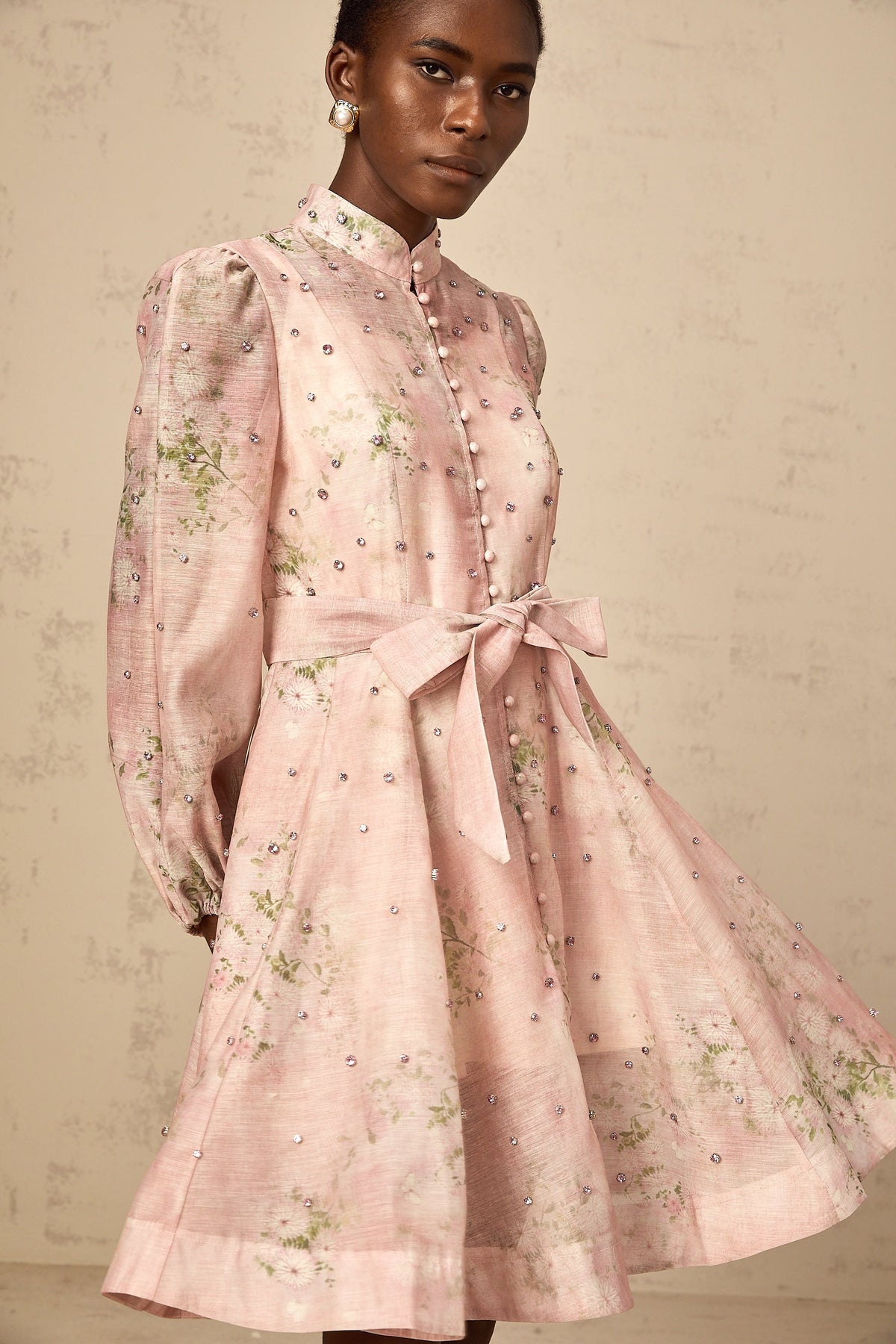 Narcisse pink embellished floral-print mini dress