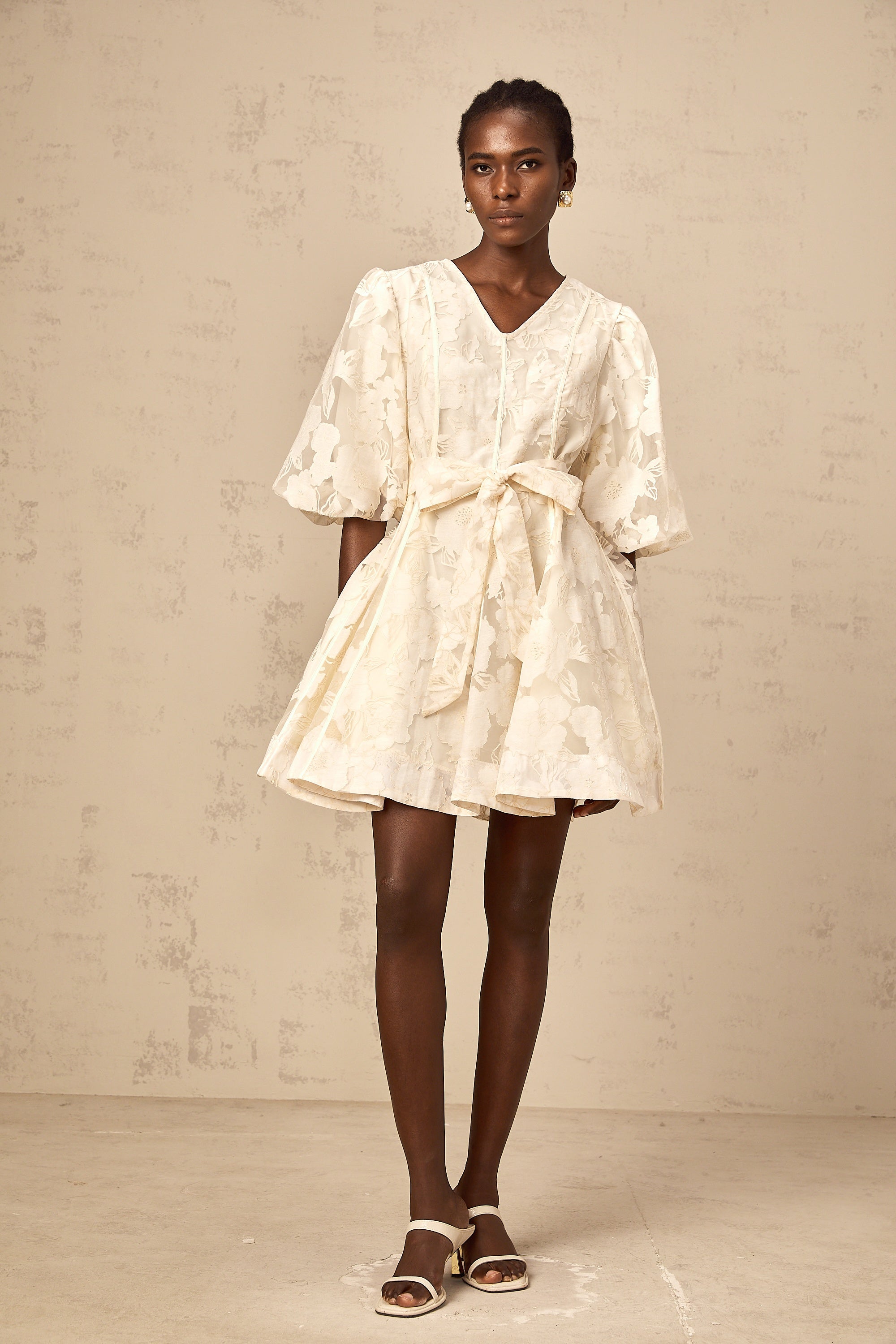 Osanne neutrals floral-jacquard flared mini dress