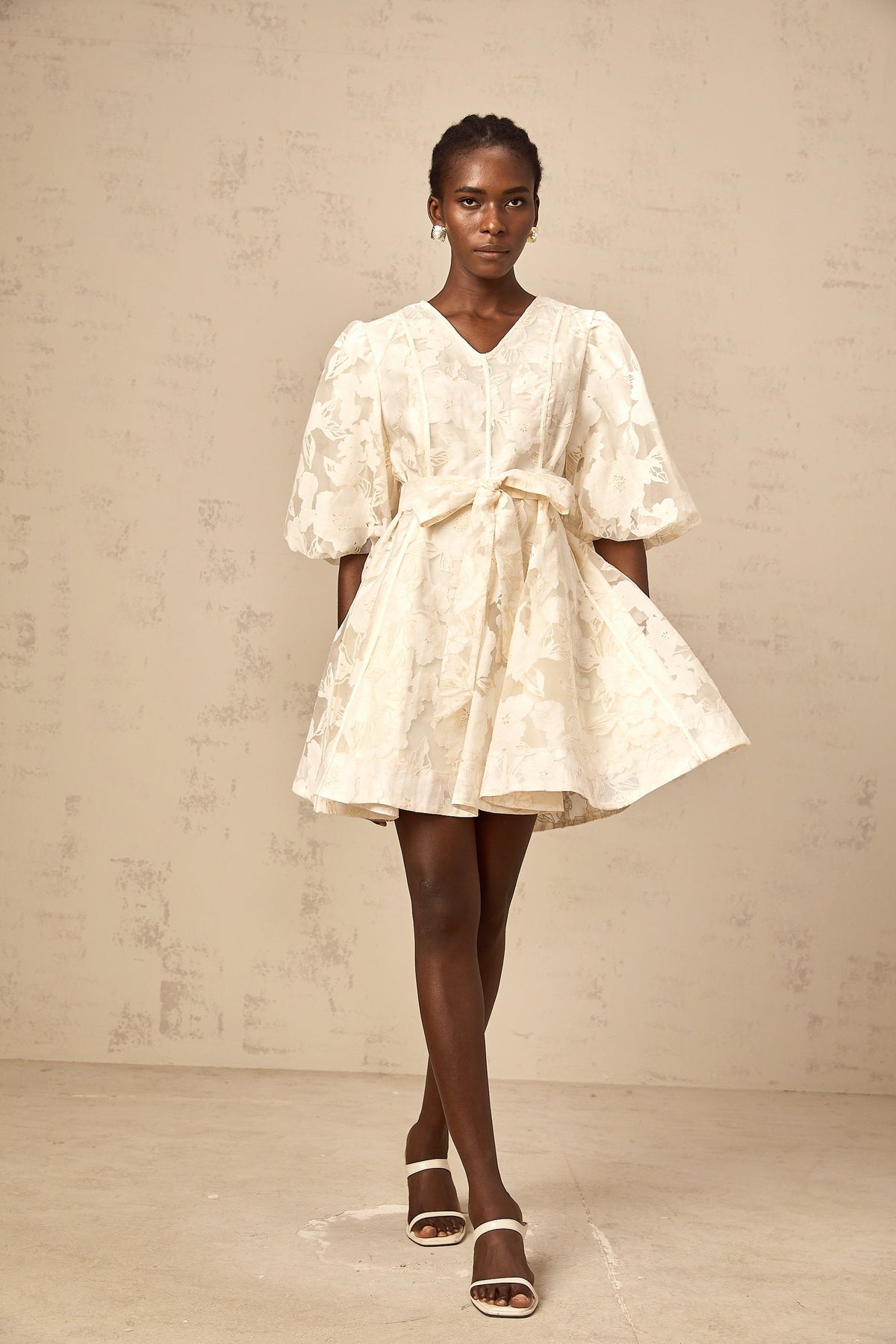 Osanne neutrals floral-jacquard flared mini dress