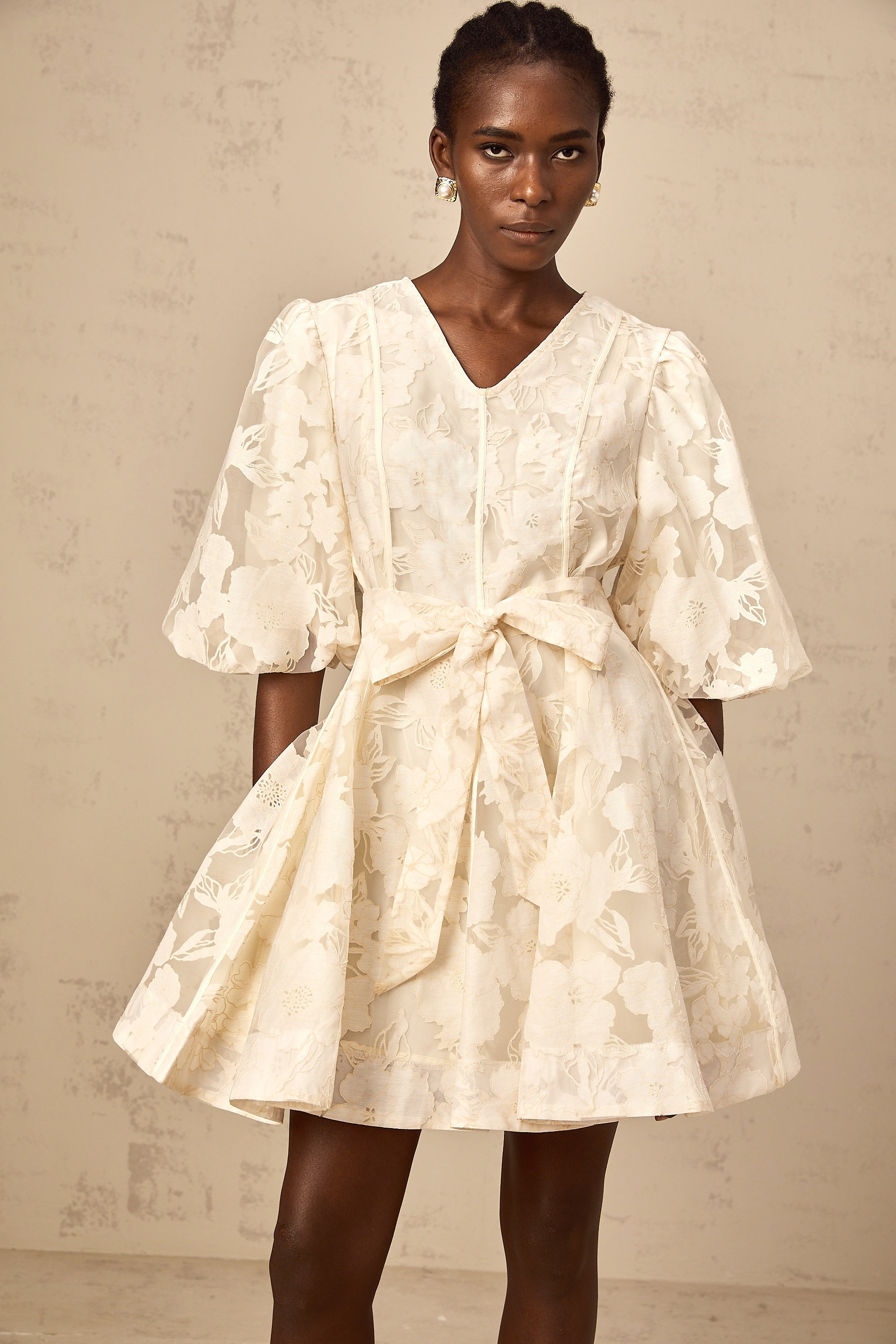 Osanne neutrals floral-jacquard flared mini dress