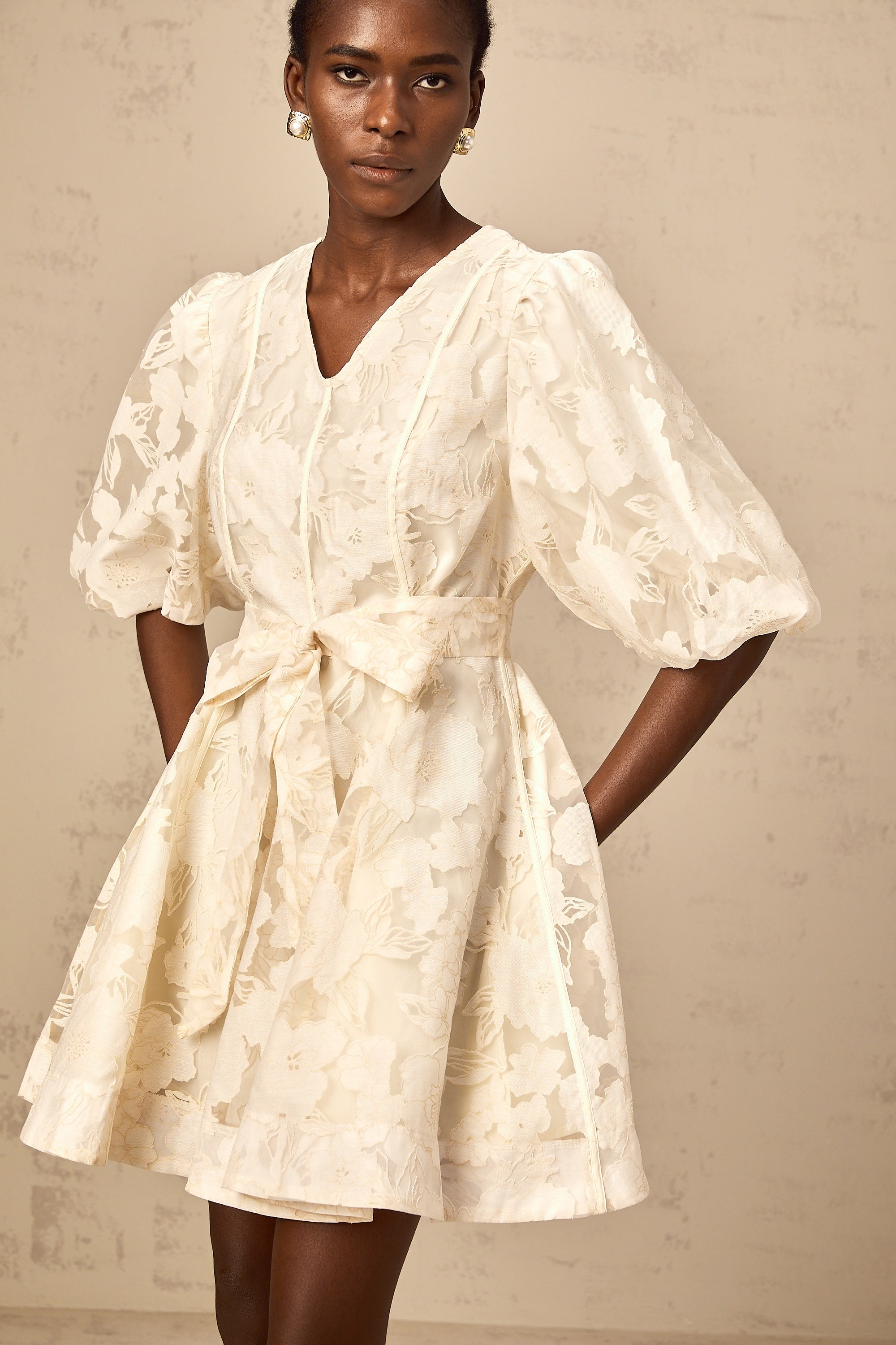 Osanne neutrals floral-jacquard flared mini dress