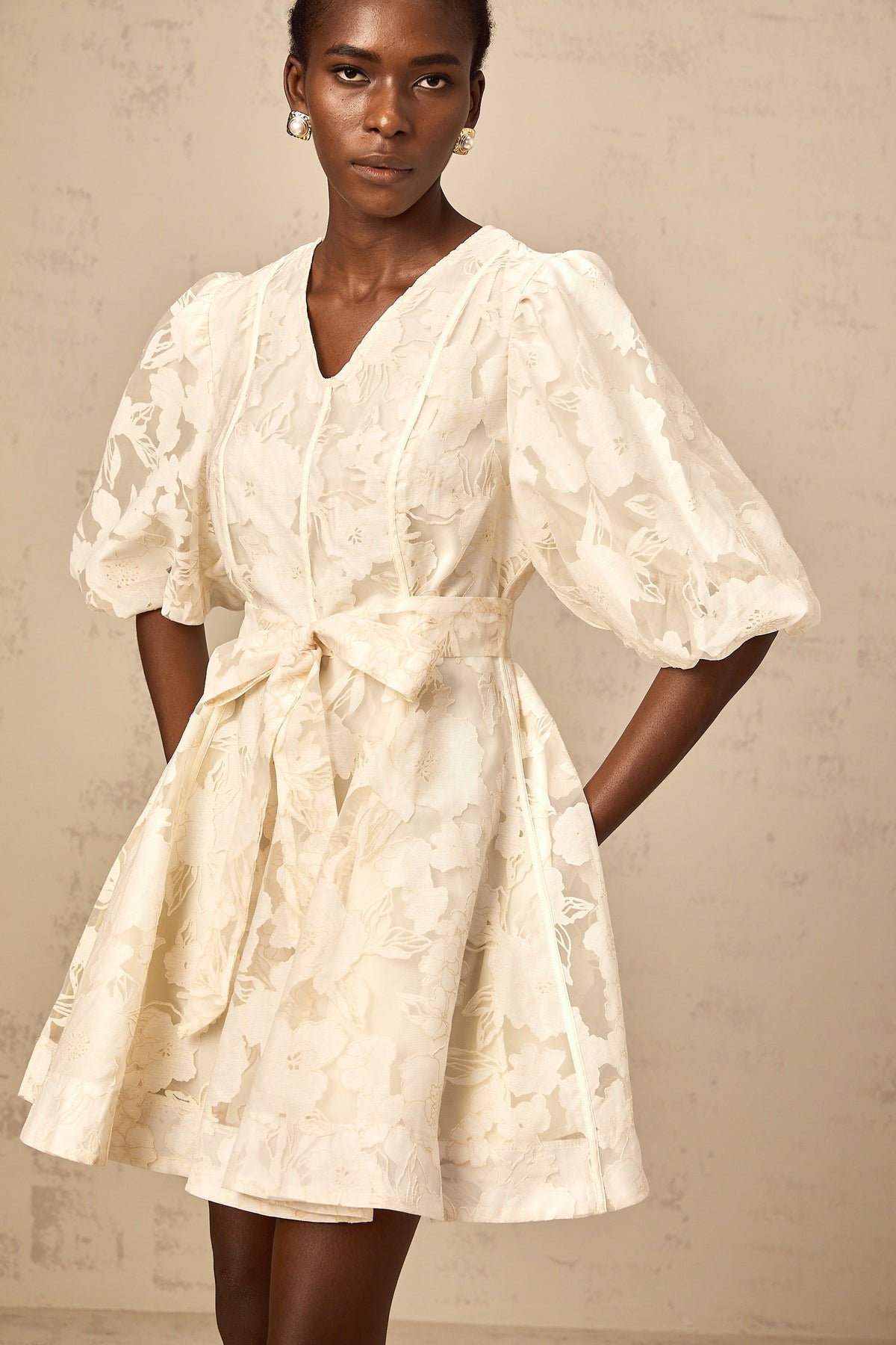 Osanne neutrals floral-jacquard flared mini dress