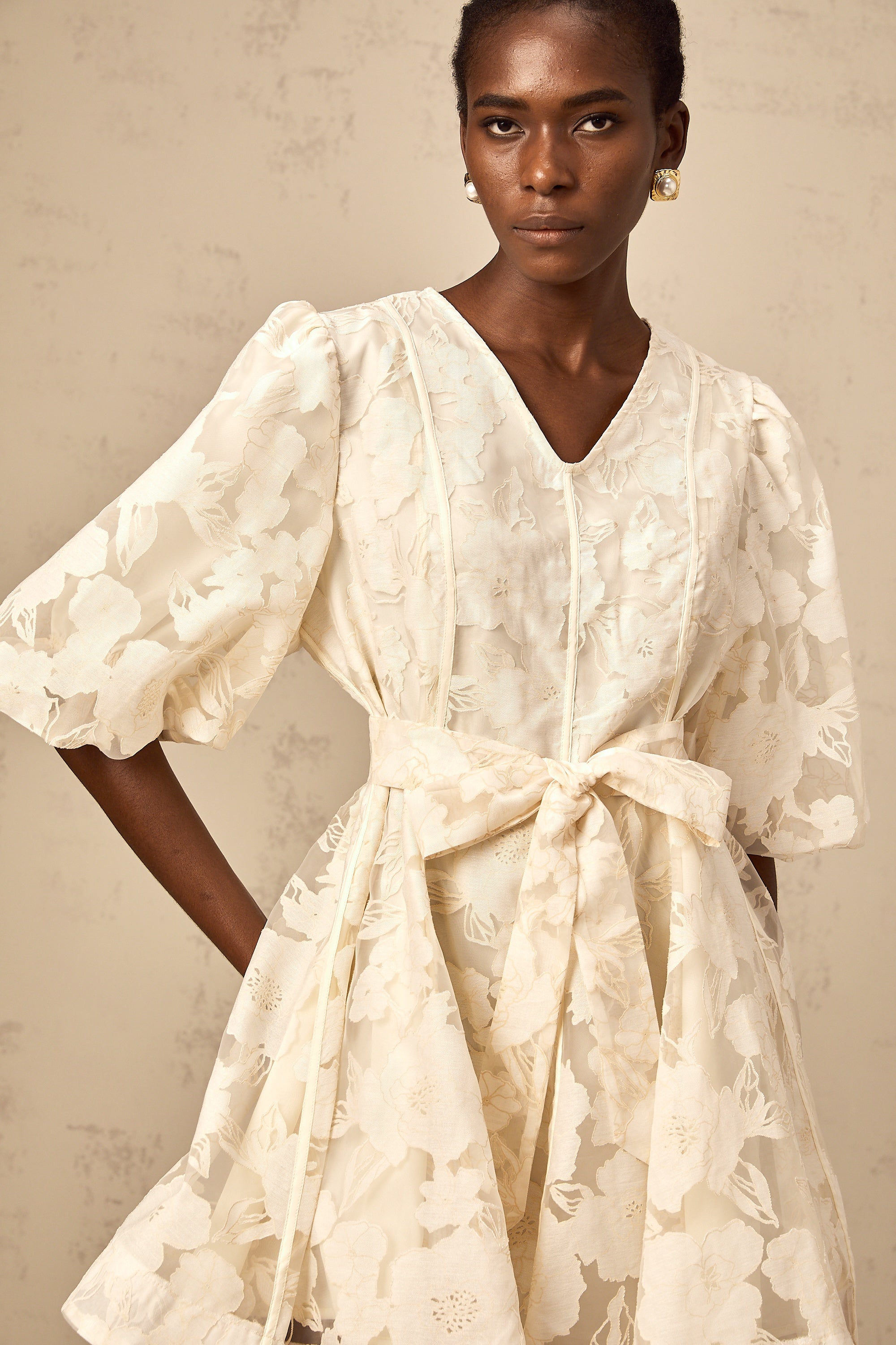 Osanne neutrals floral-jacquard flared mini dress