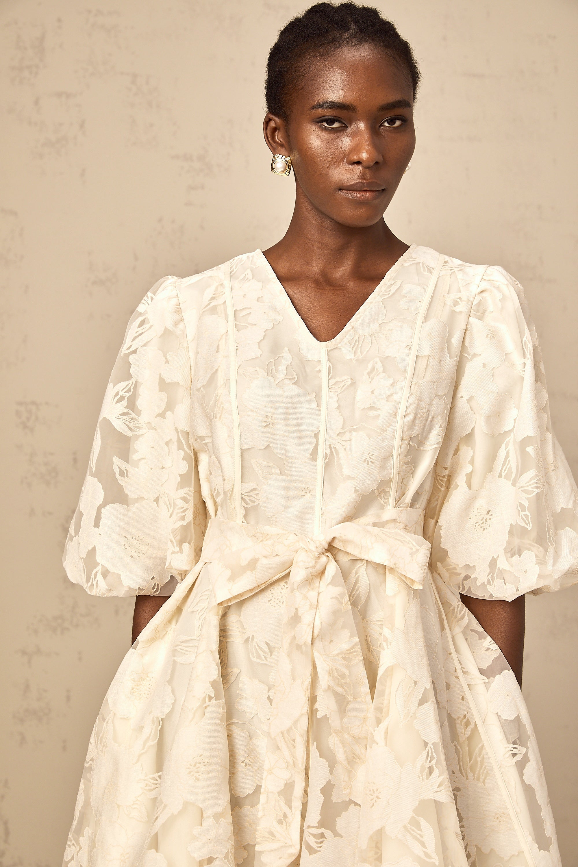 Osanne neutrals floral-jacquard flared mini dress