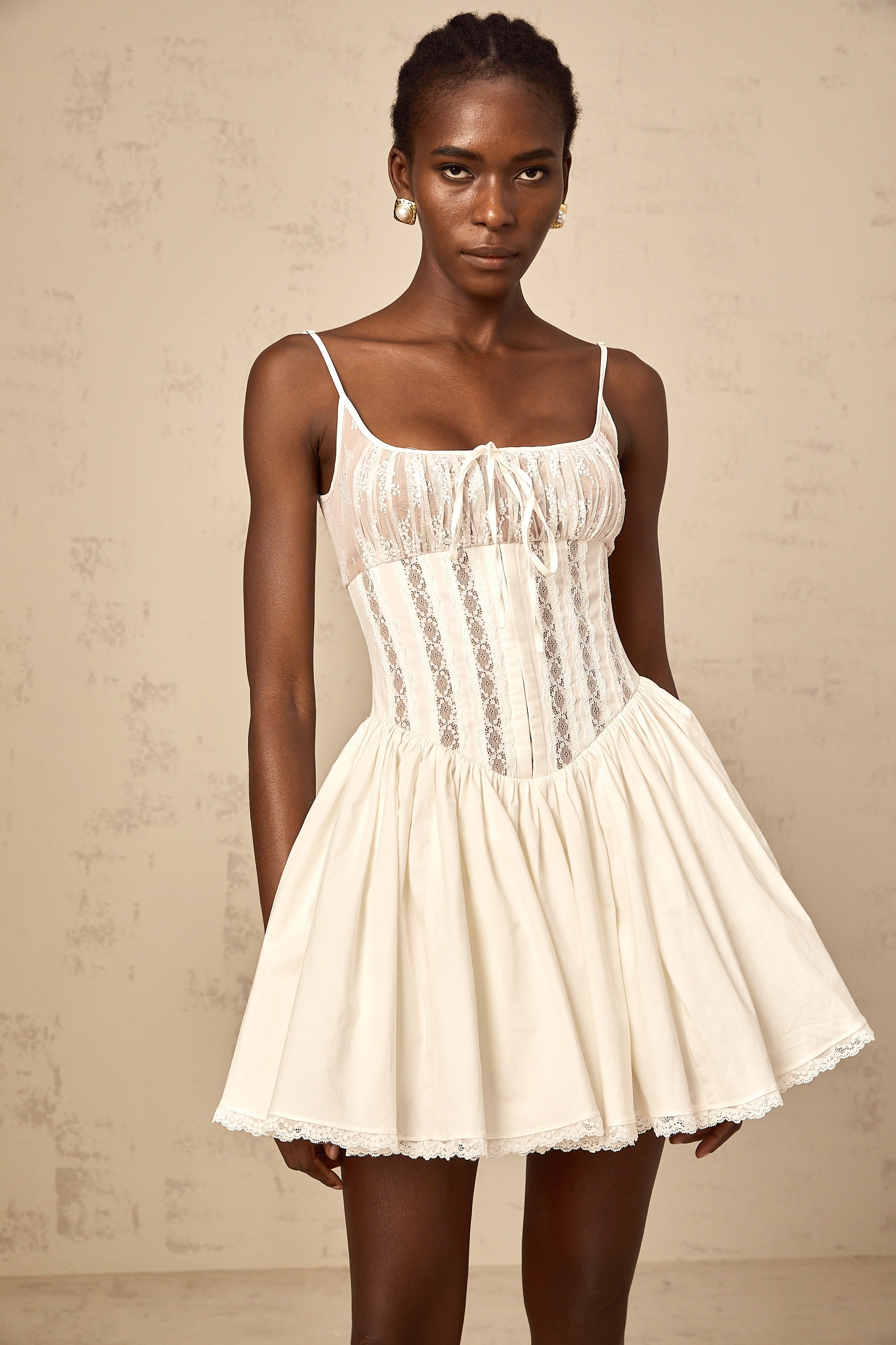 Fleur white lace-detail corset mini dress