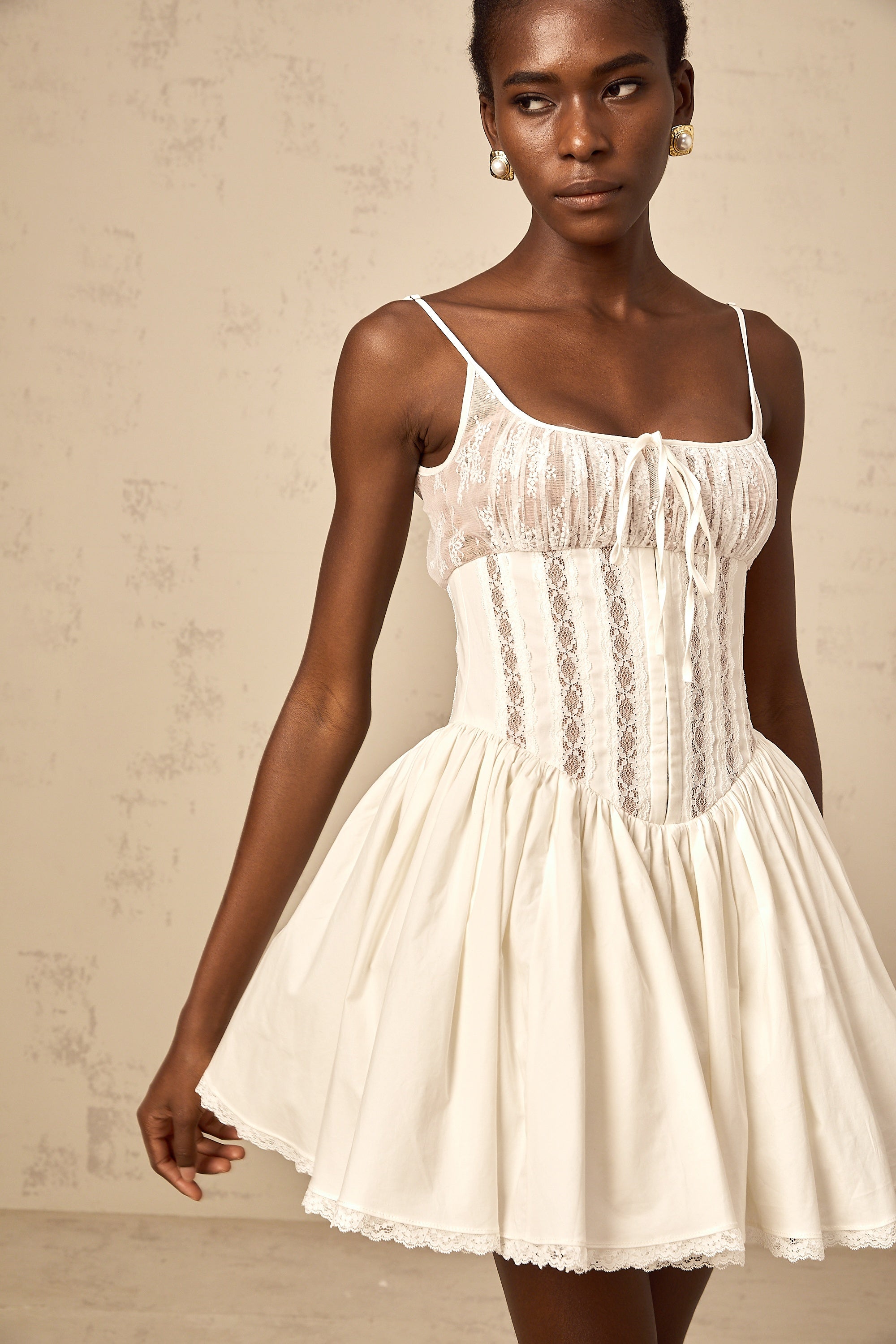 Fleur white lace-detail corset mini dress
