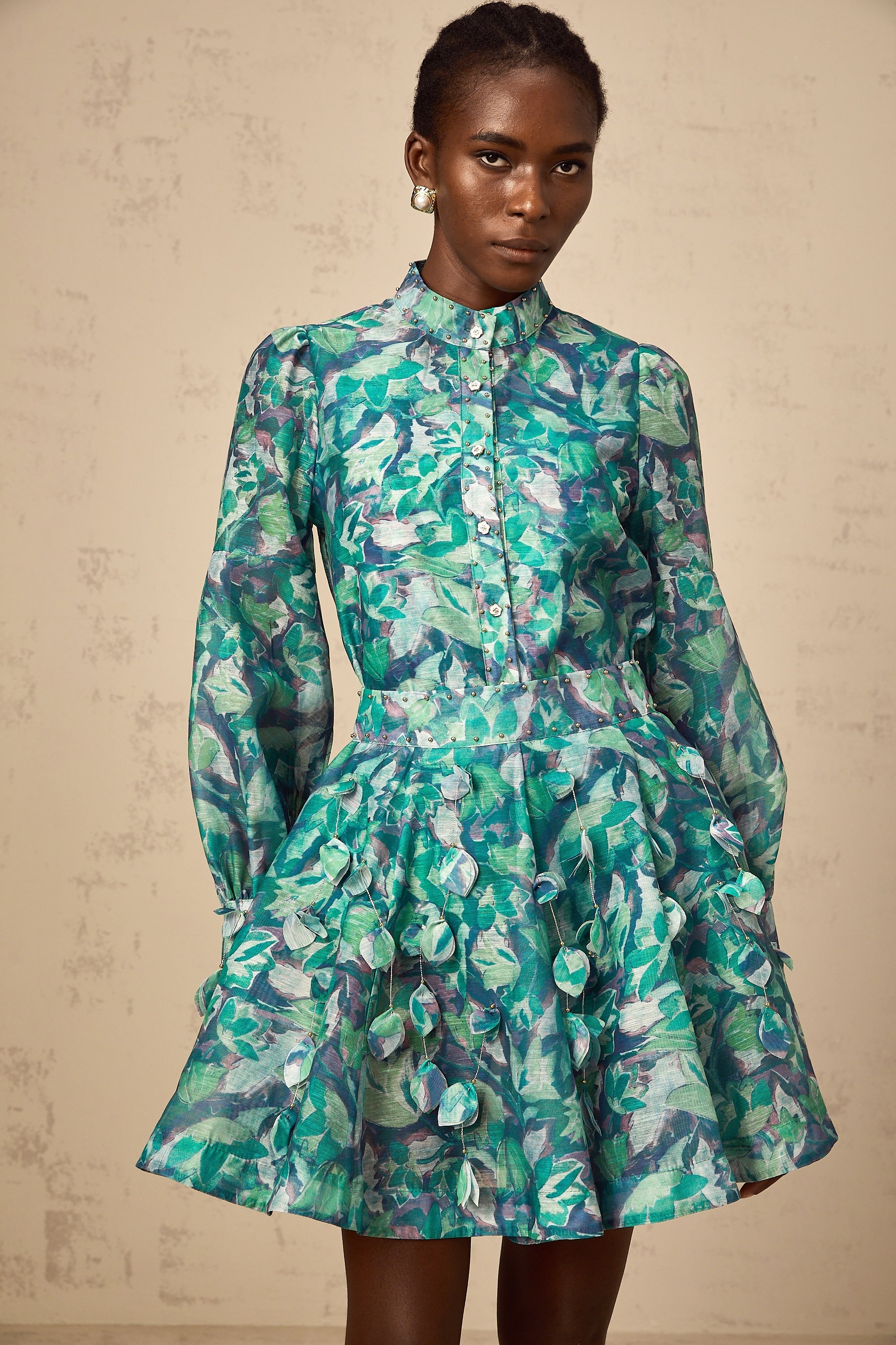 Véronique green 3d-petal blouse & skirt matching set