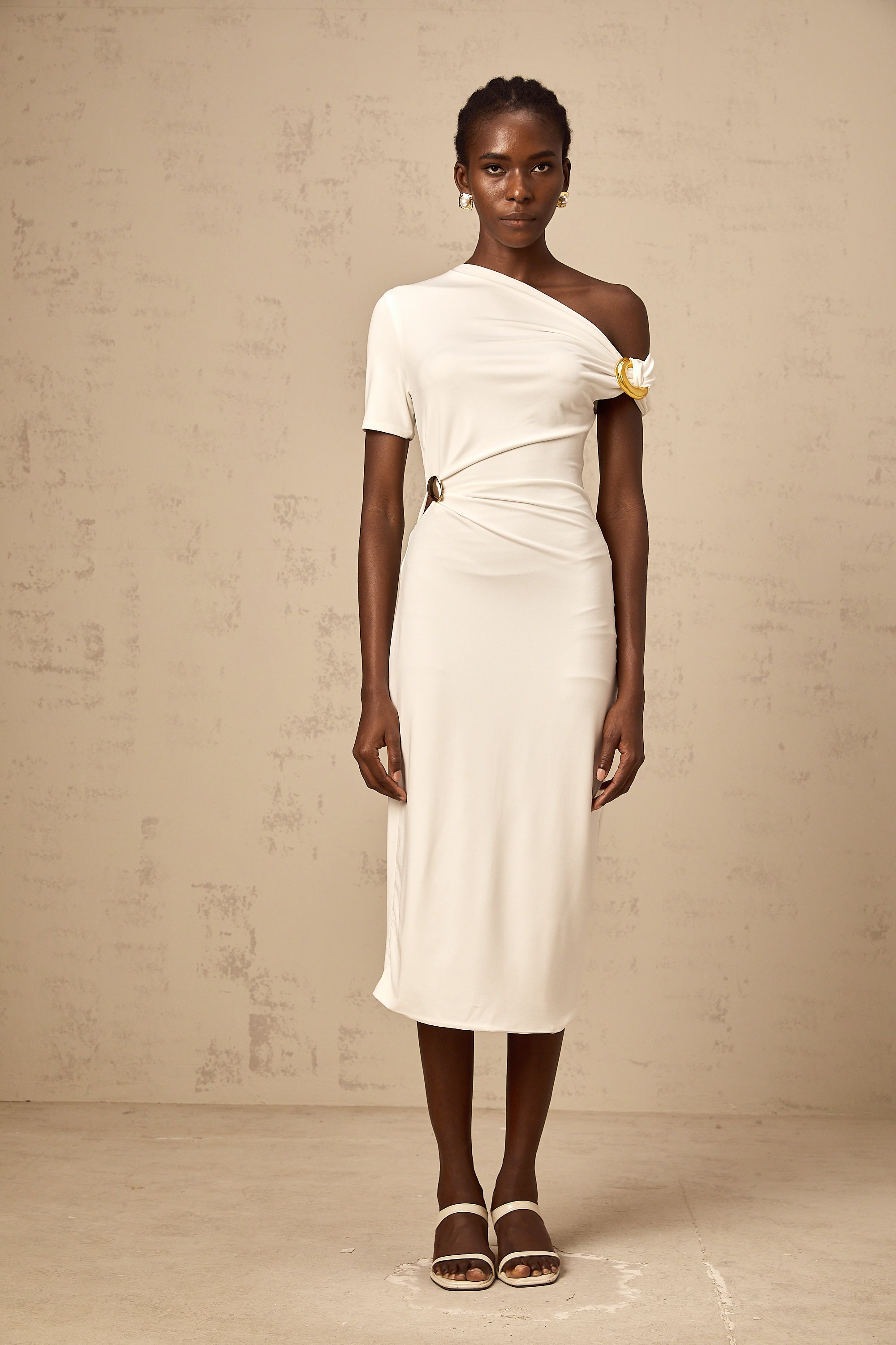 Béryl white asymmetrical buckle midi dress