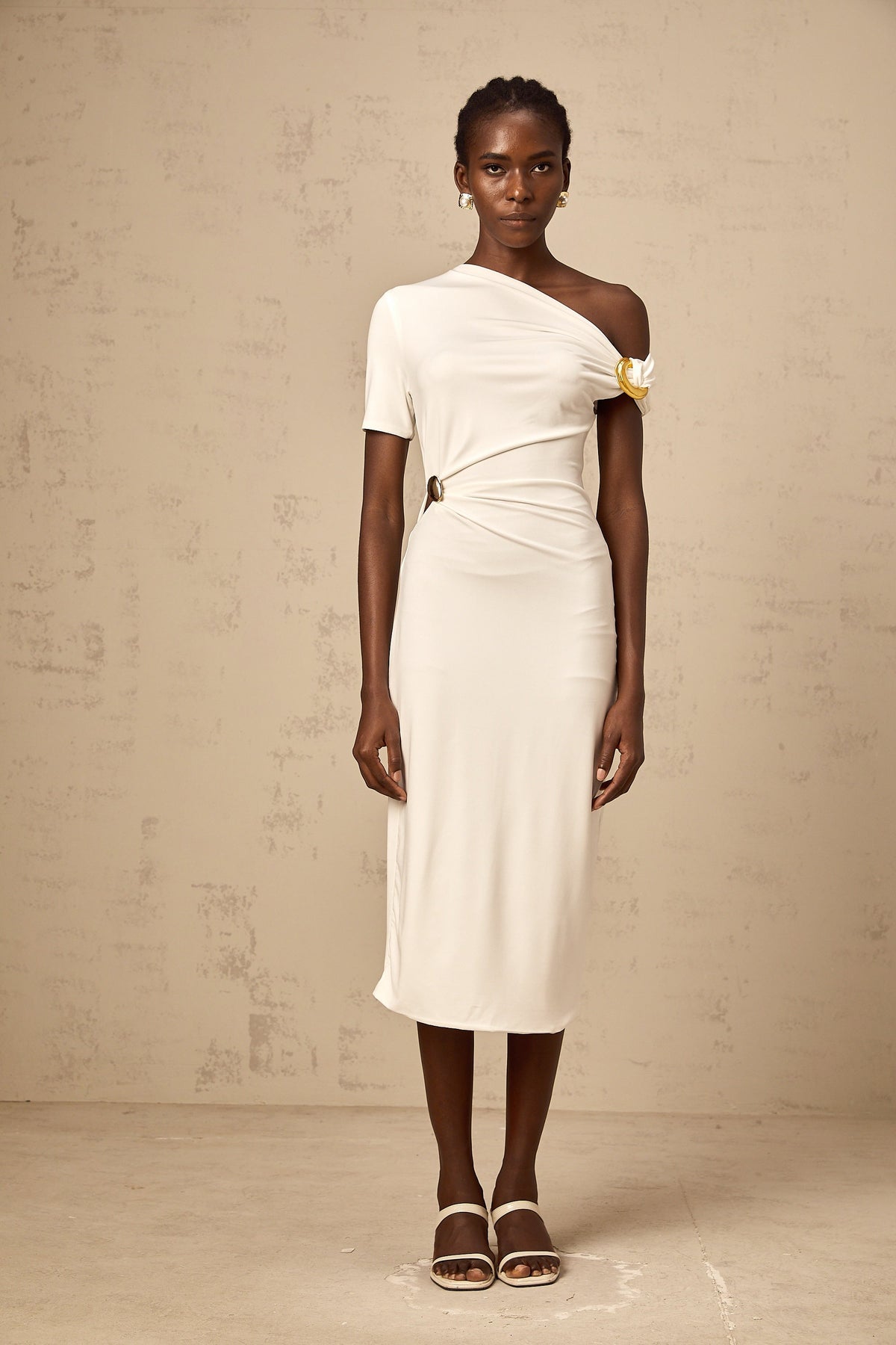 Béryl white asymmetrical buckle midi dress (Final Sale-US Only)
