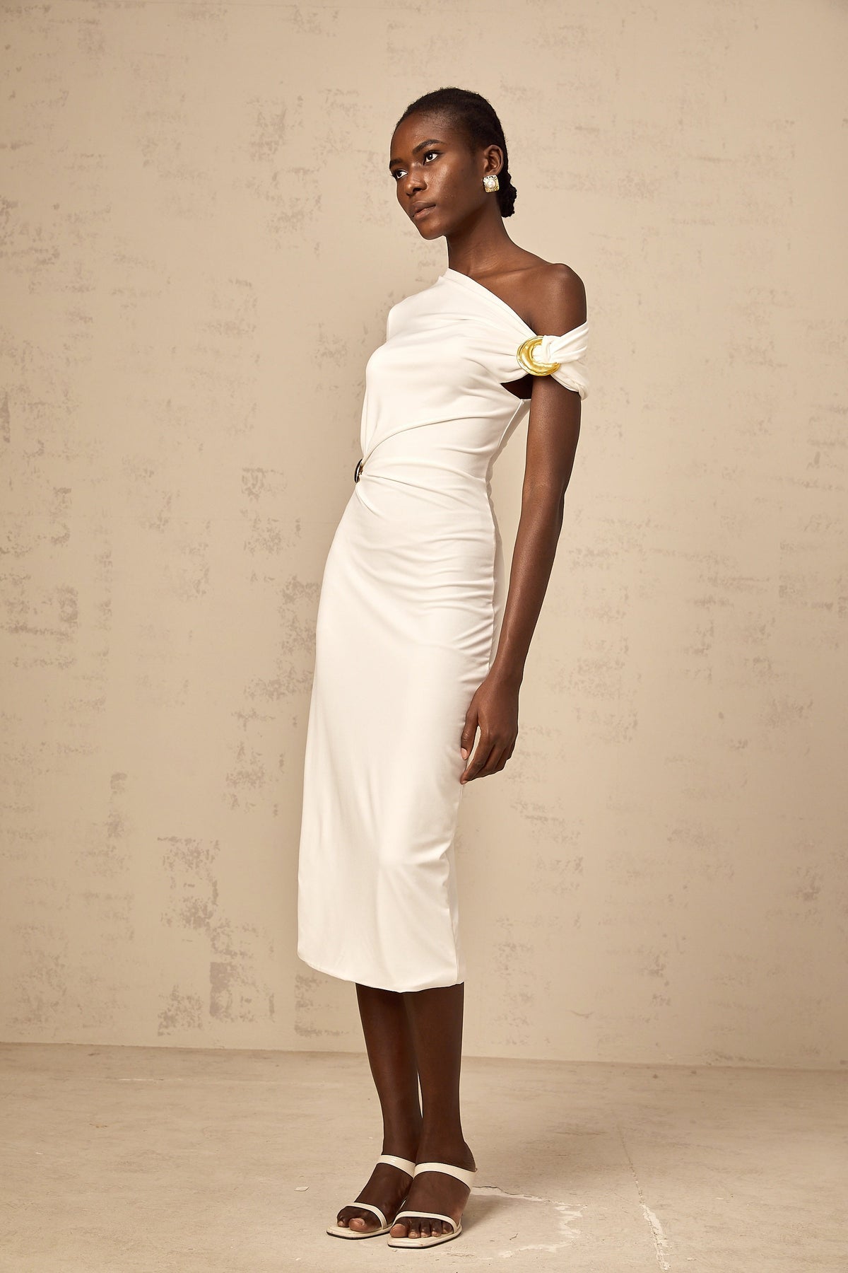 Béryl white asymmetrical buckle midi dress (Final Sale-US Only)