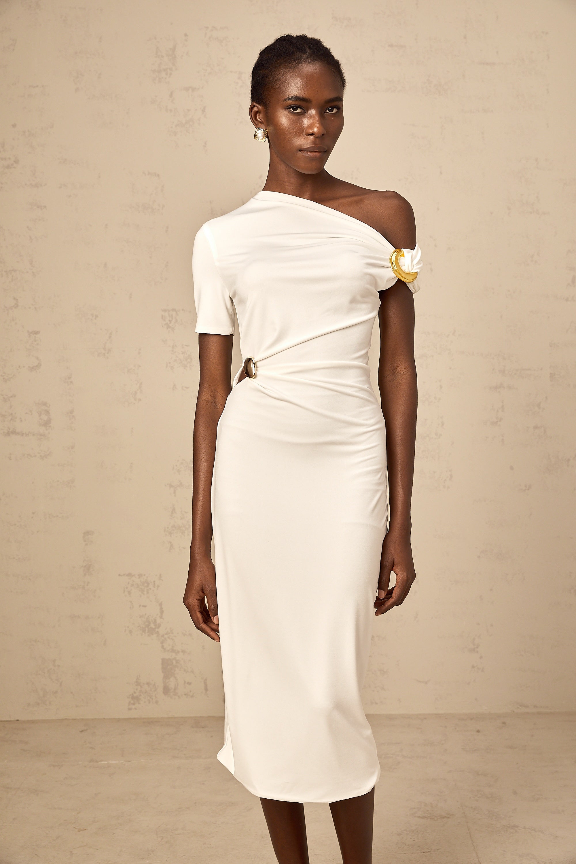 Béryl white asymmetrical buckle midi dress