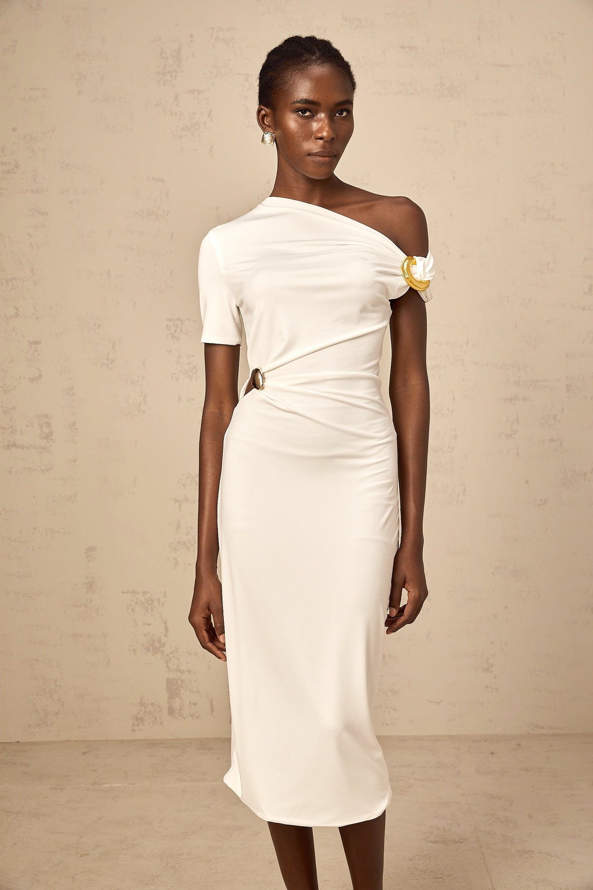 Béryl white asymmetrical buckle midi dress (Final Sale-US Only)