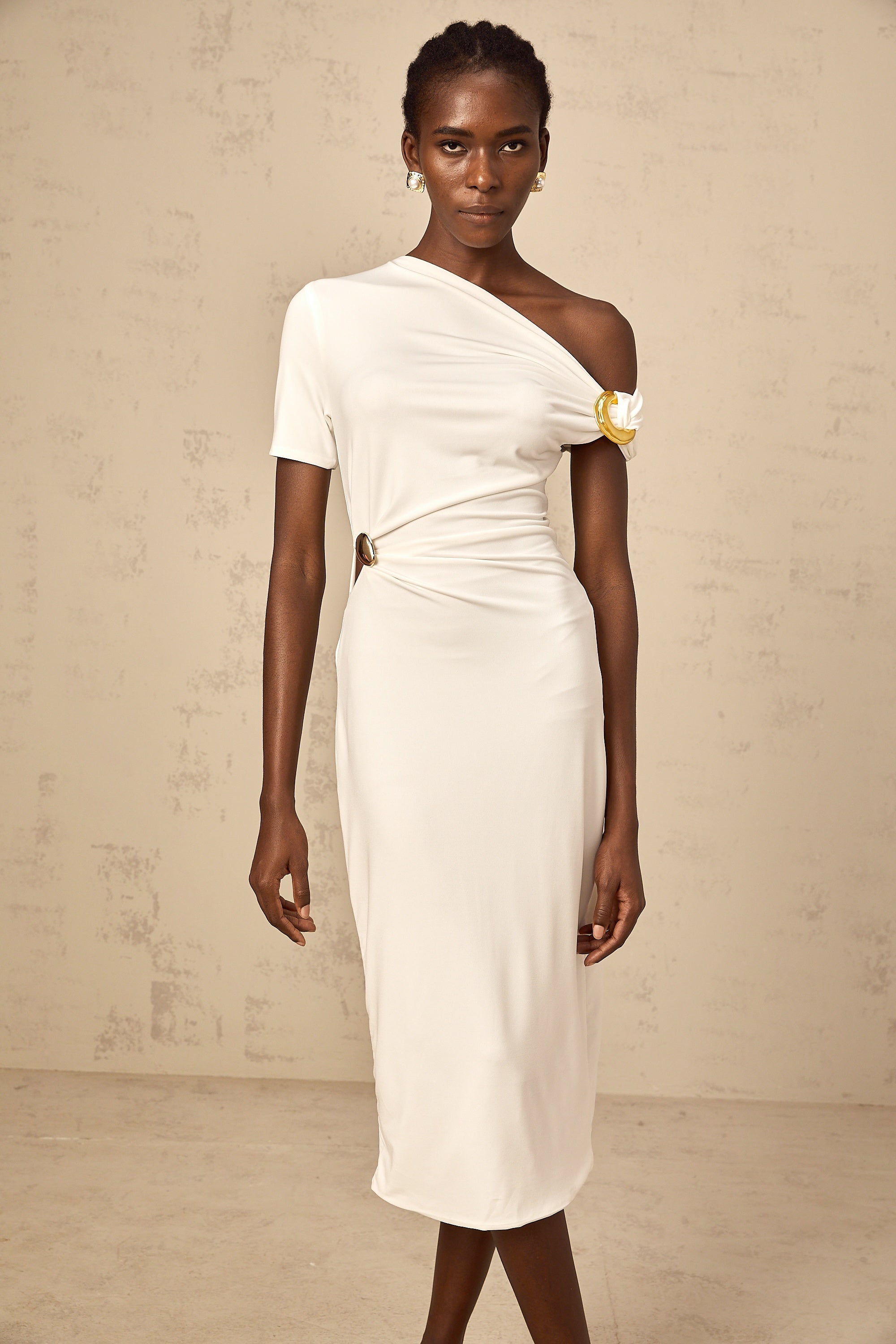 Béryl white asymmetrical buckle midi dress