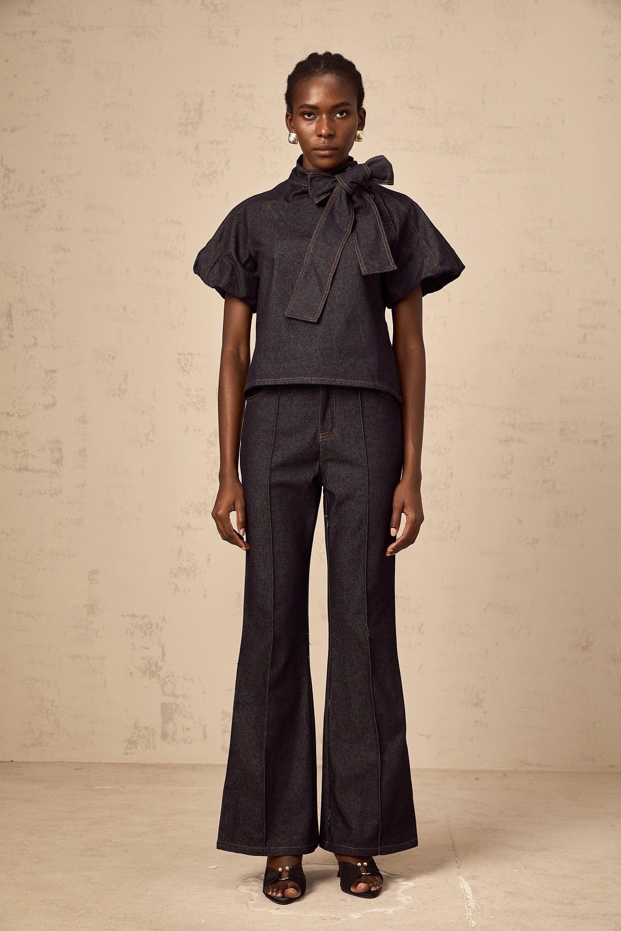 Roxane indigo-blue contrast-stitching denim blouse & jeans matching set