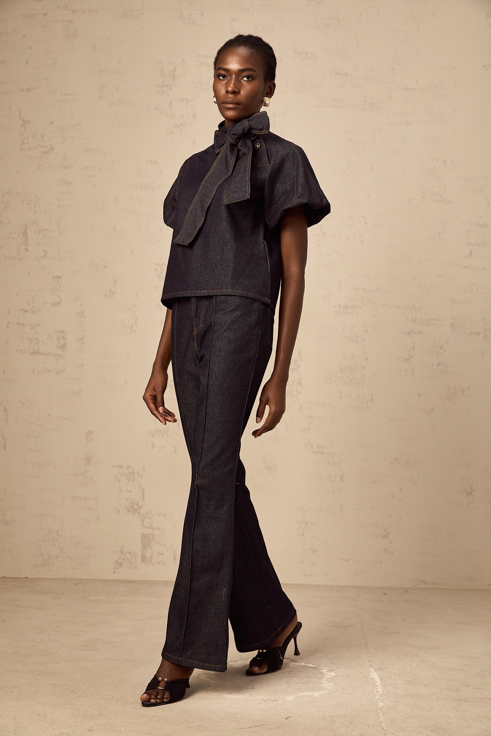 Roxane indigo-blue contrast-stitching denim blouse & jeans matching set