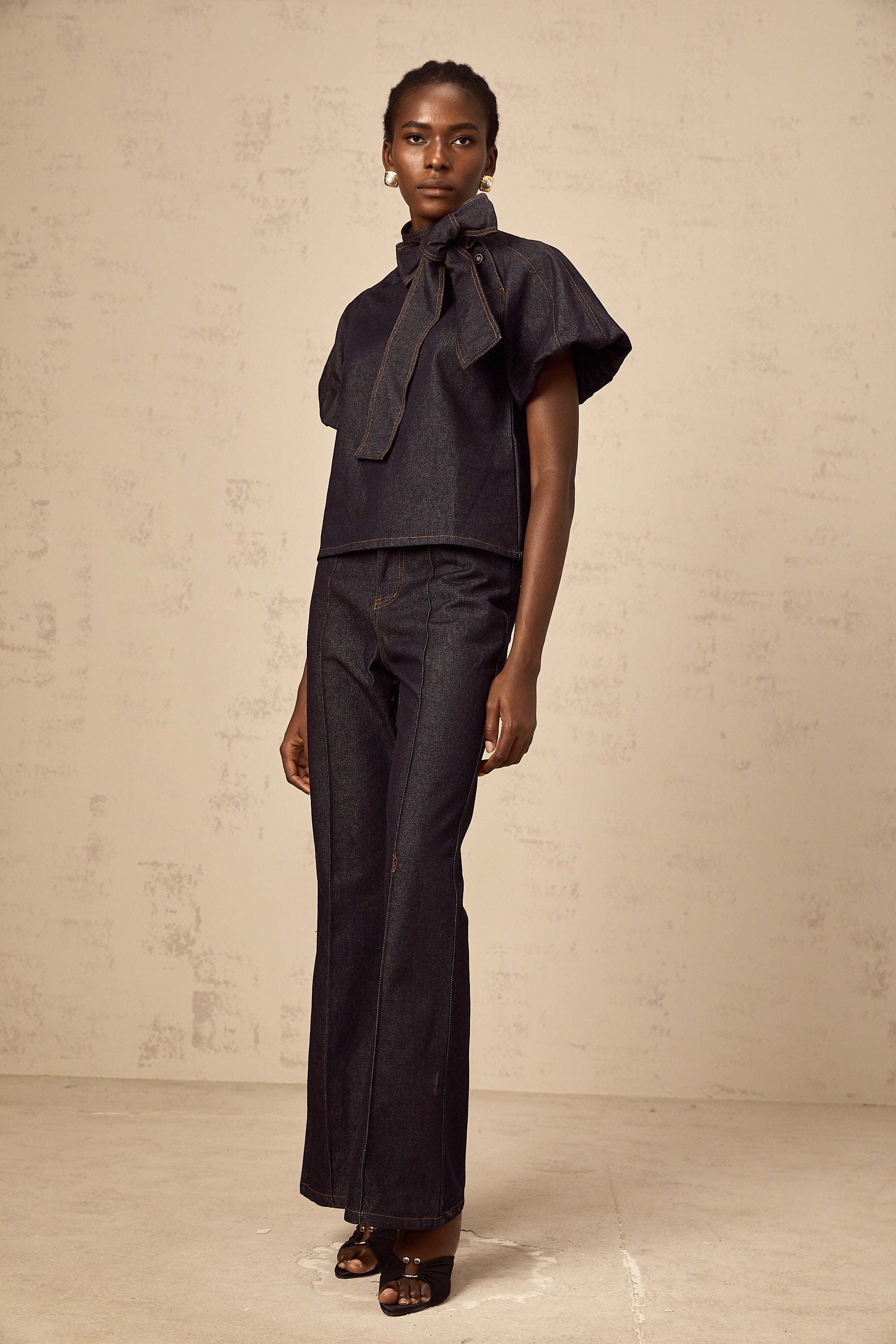 Roxane indigo-blue contrast-stitching denim blouse & jeans matching set
