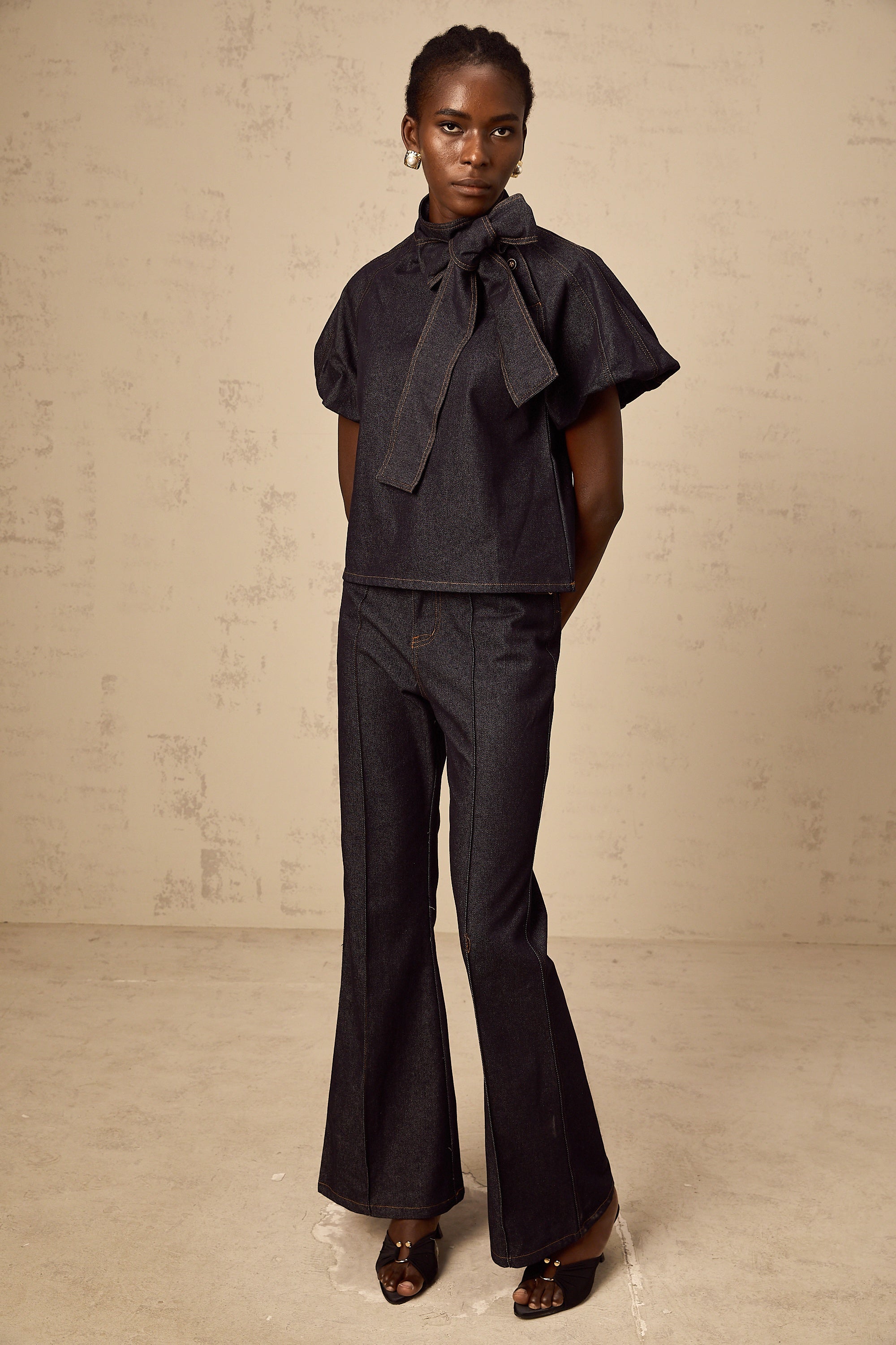 Roxane indigo-blue contrast-stitching denim blouse & jeans matching set