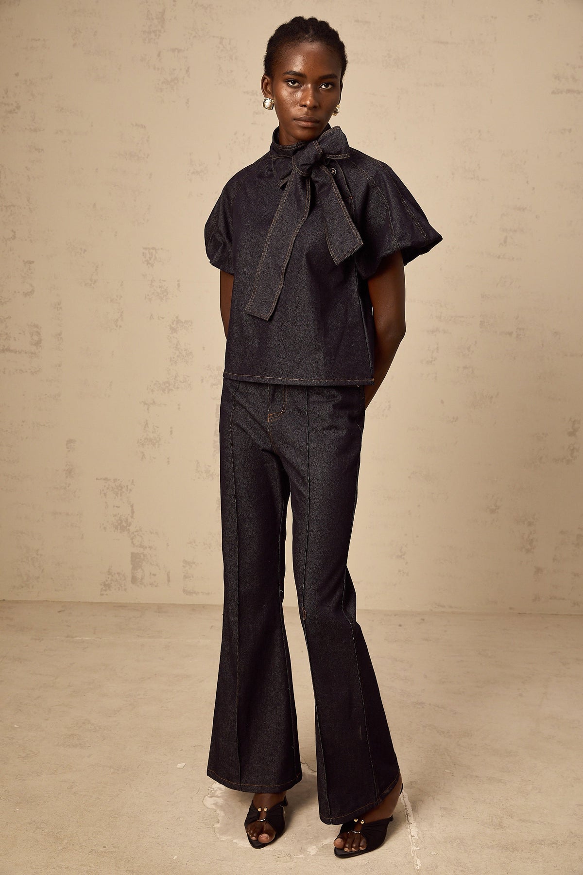 Roxane indigo-blue contrast-stitching denim blouse & jeans matching set