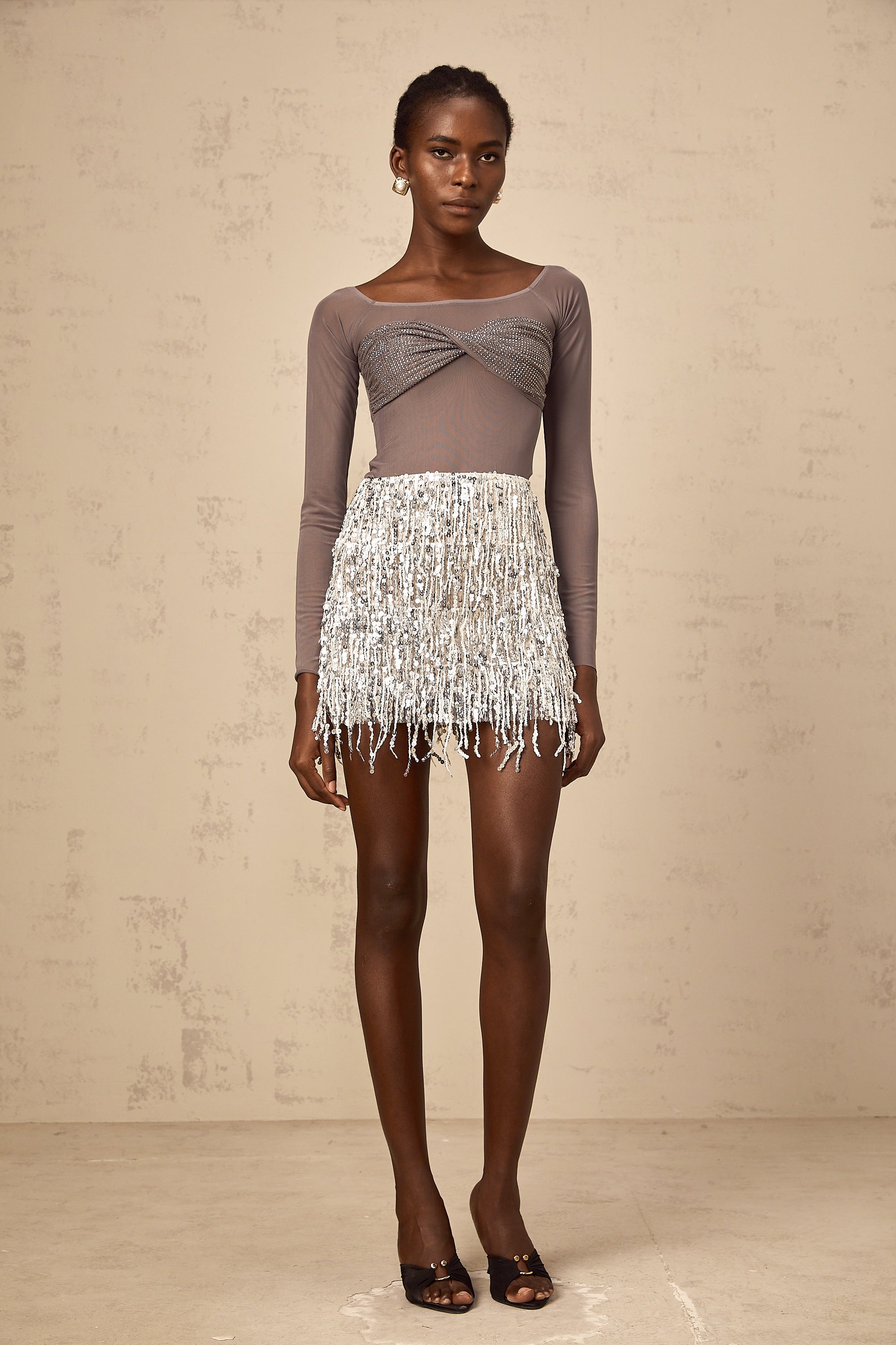 Sidonie silver sequined fringed mini skirt
