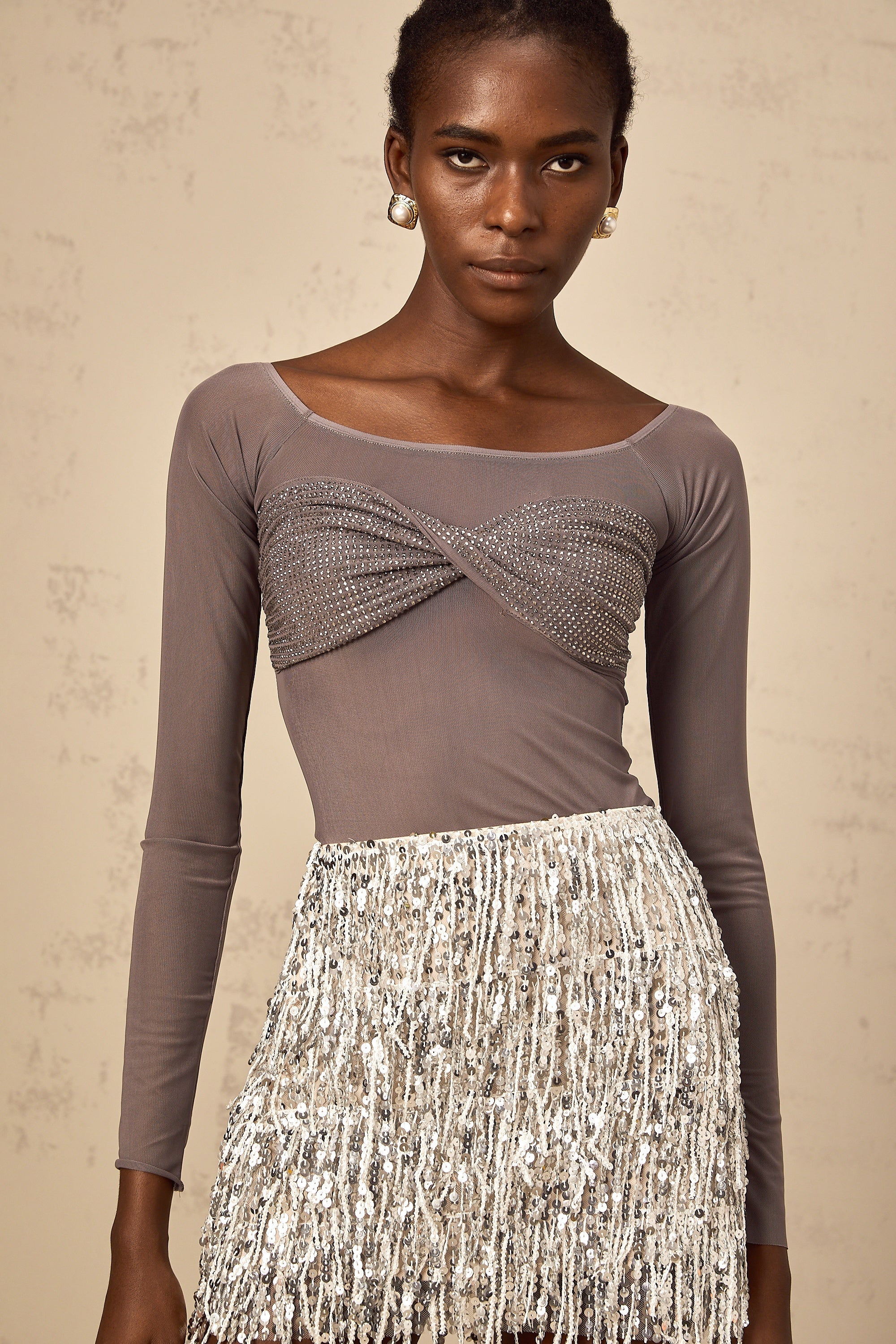 Félicie grey twist-detail embellished tulle top