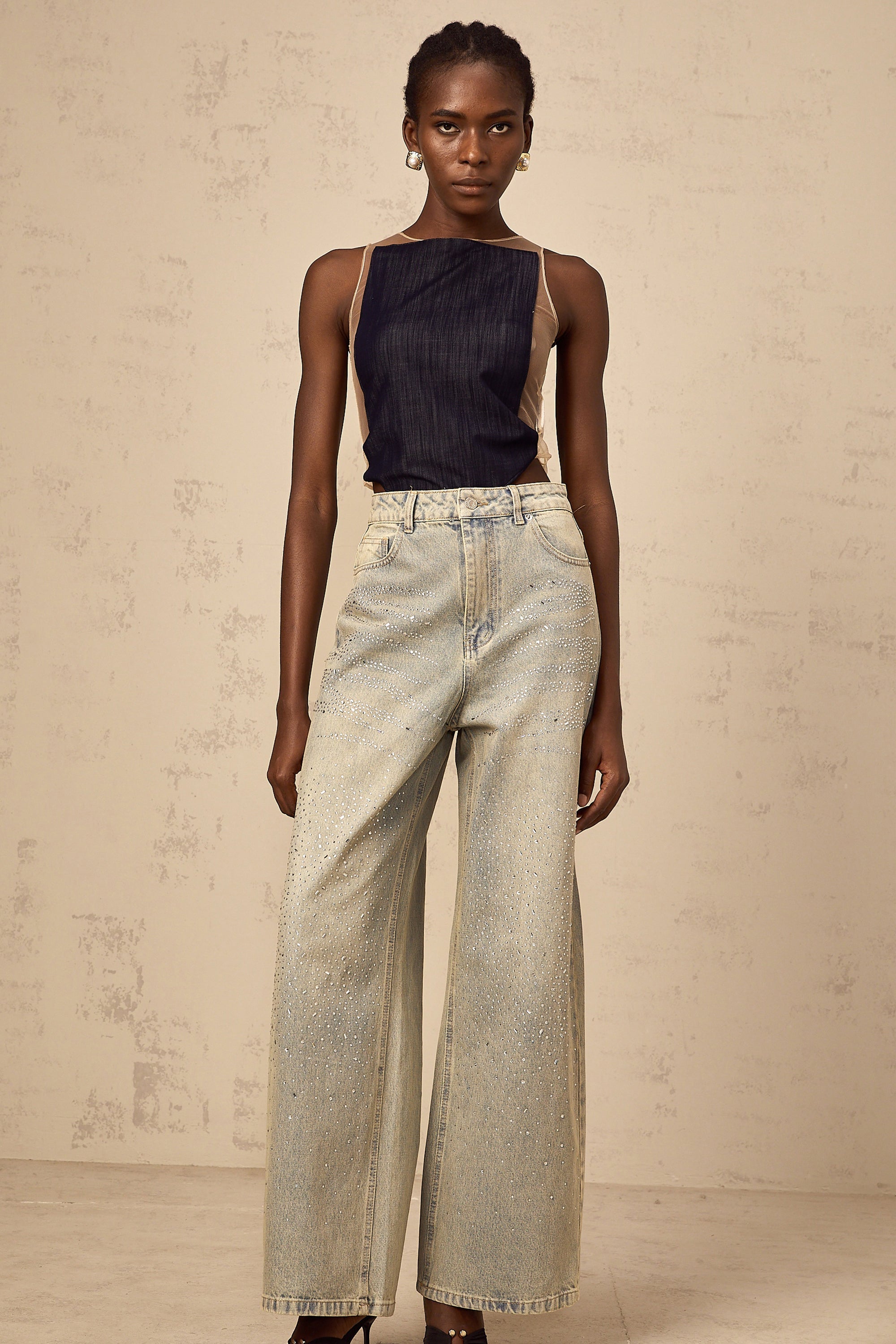 Sandrine blue denim semi-sheer bodysuit (Final Sale)