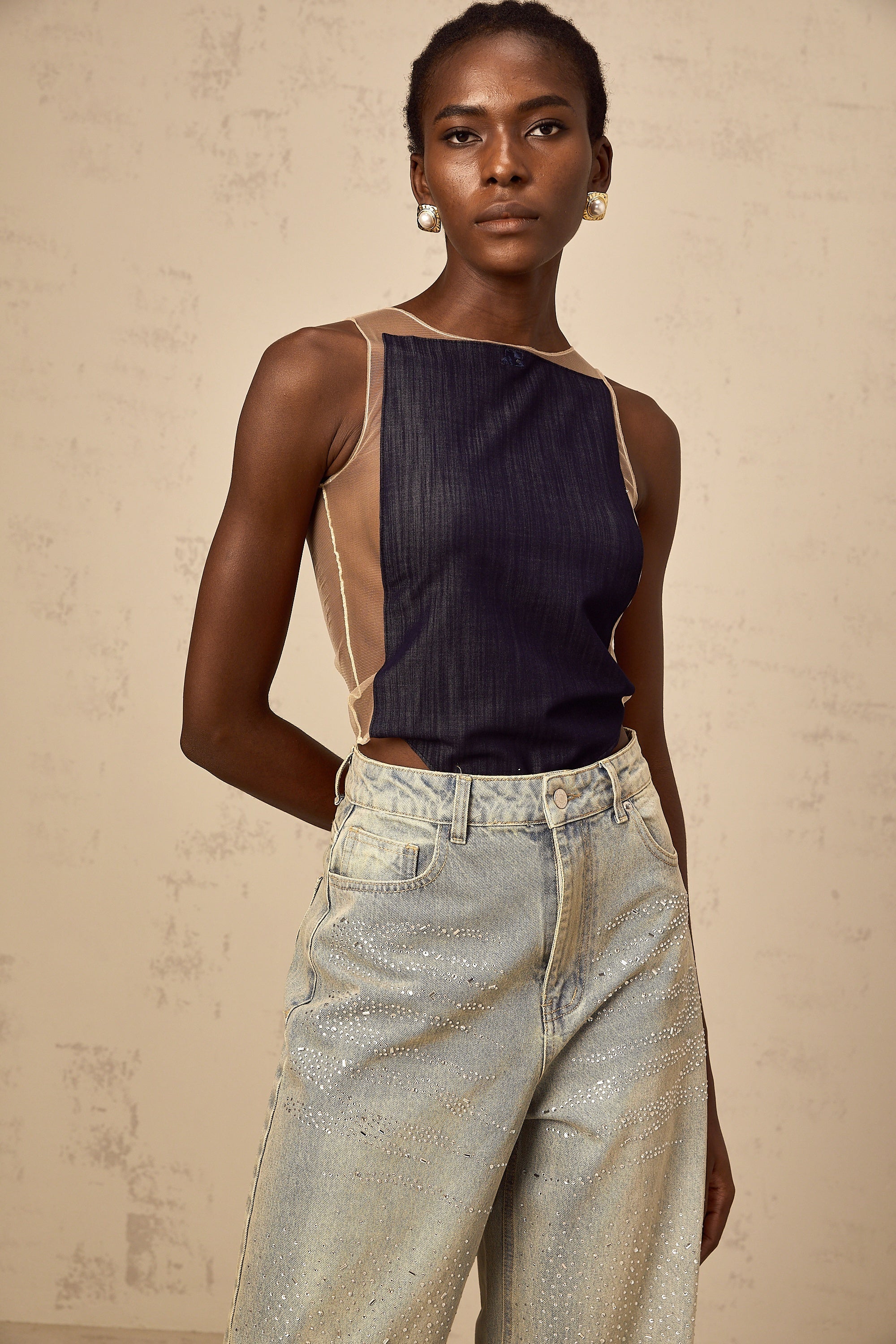 Sandrine blue denim semi-sheer bodysuit