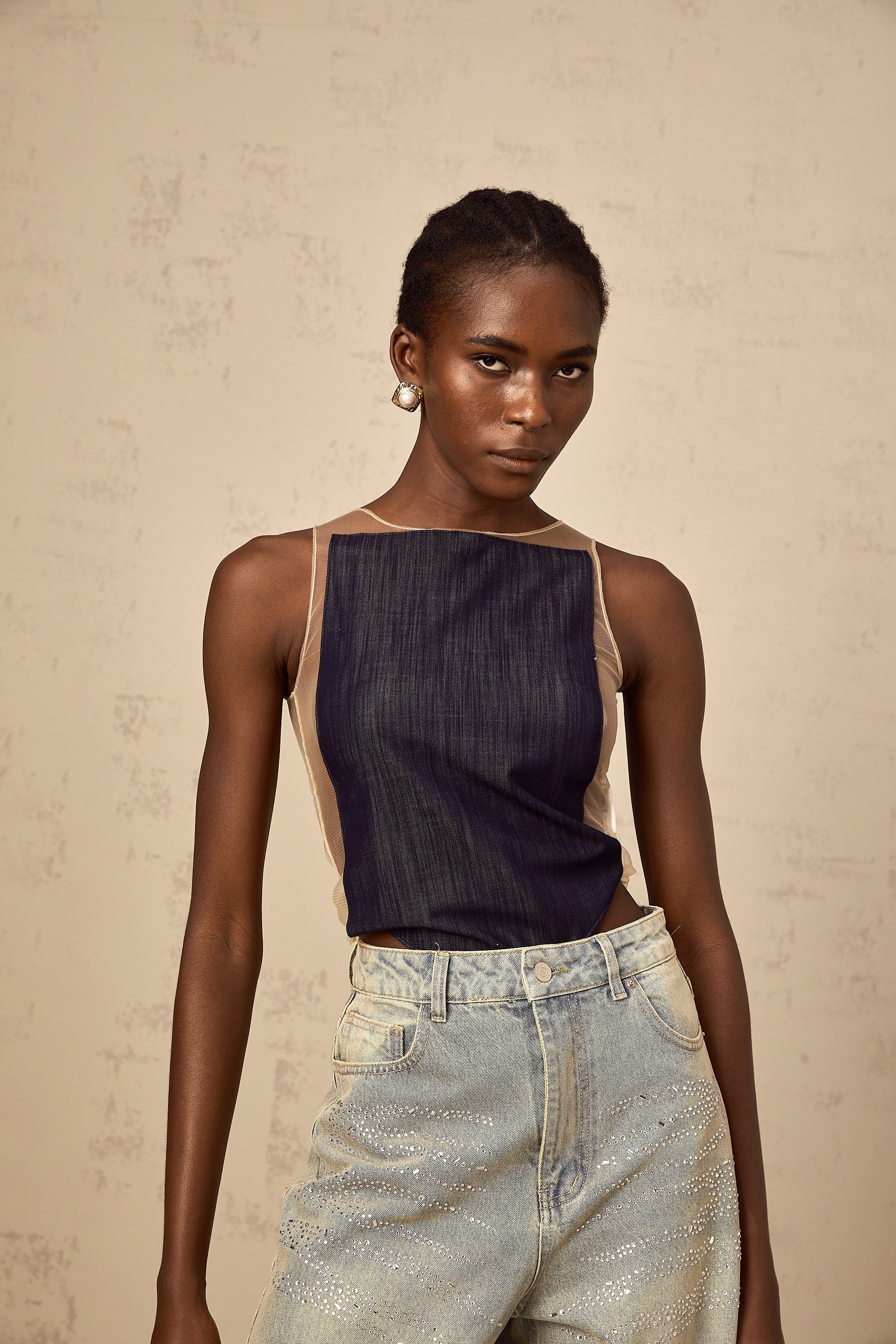 Sandrine blue denim semi-sheer bodysuit (Final Sale)