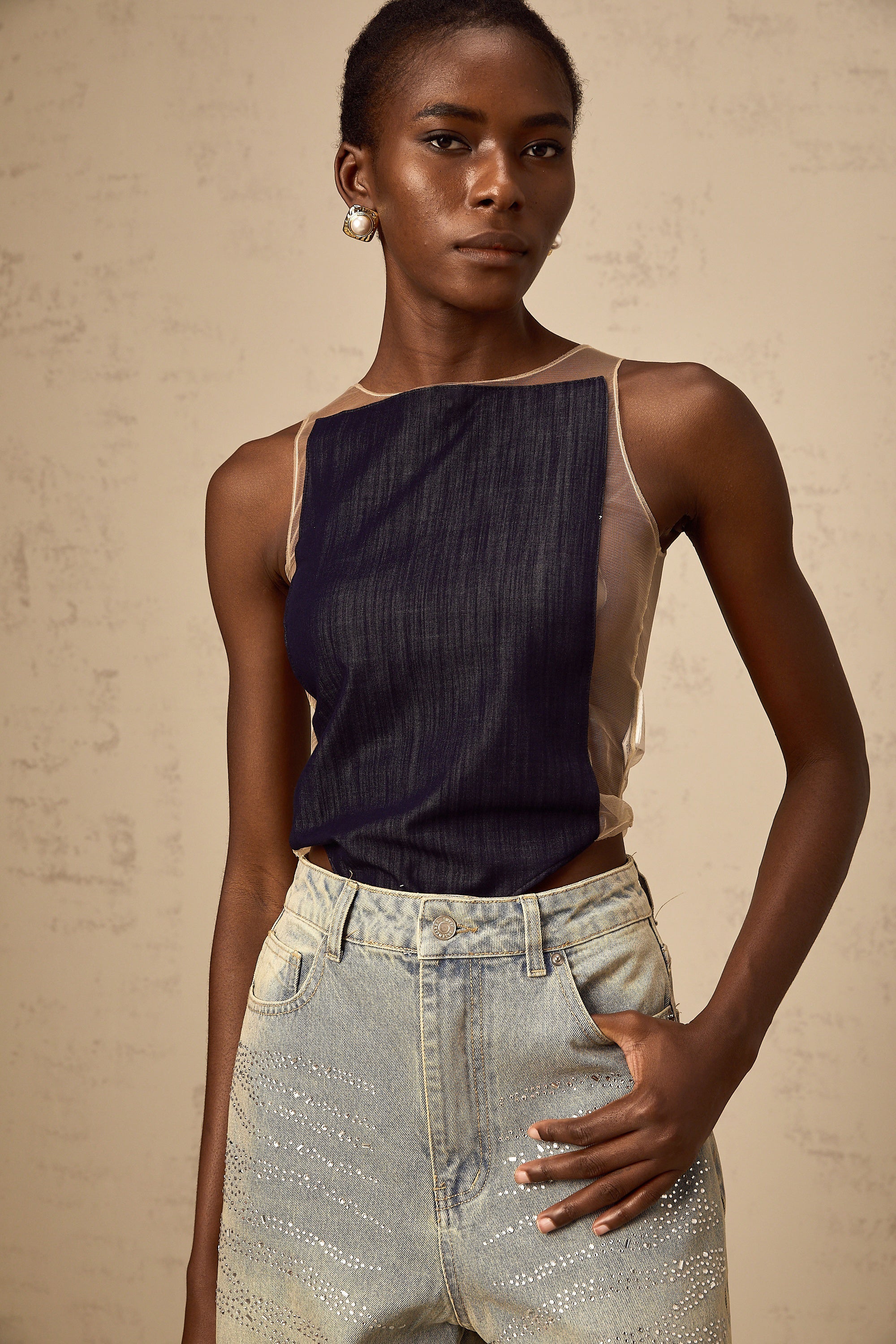 Sandrine blue denim semi-sheer bodysuit (Final Sale)