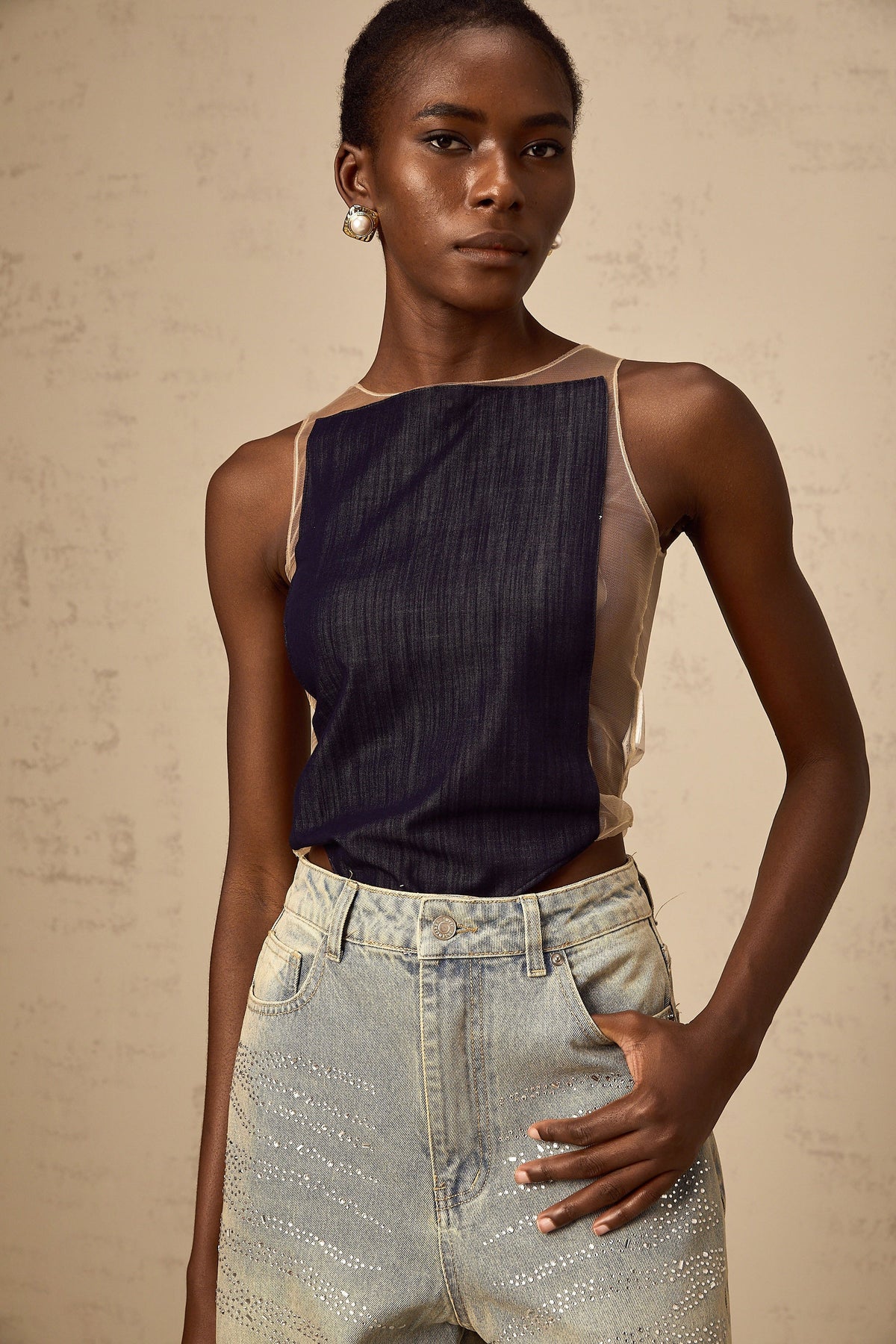 Sandrine blue denim semi-sheer bodysuit (Final Sale)