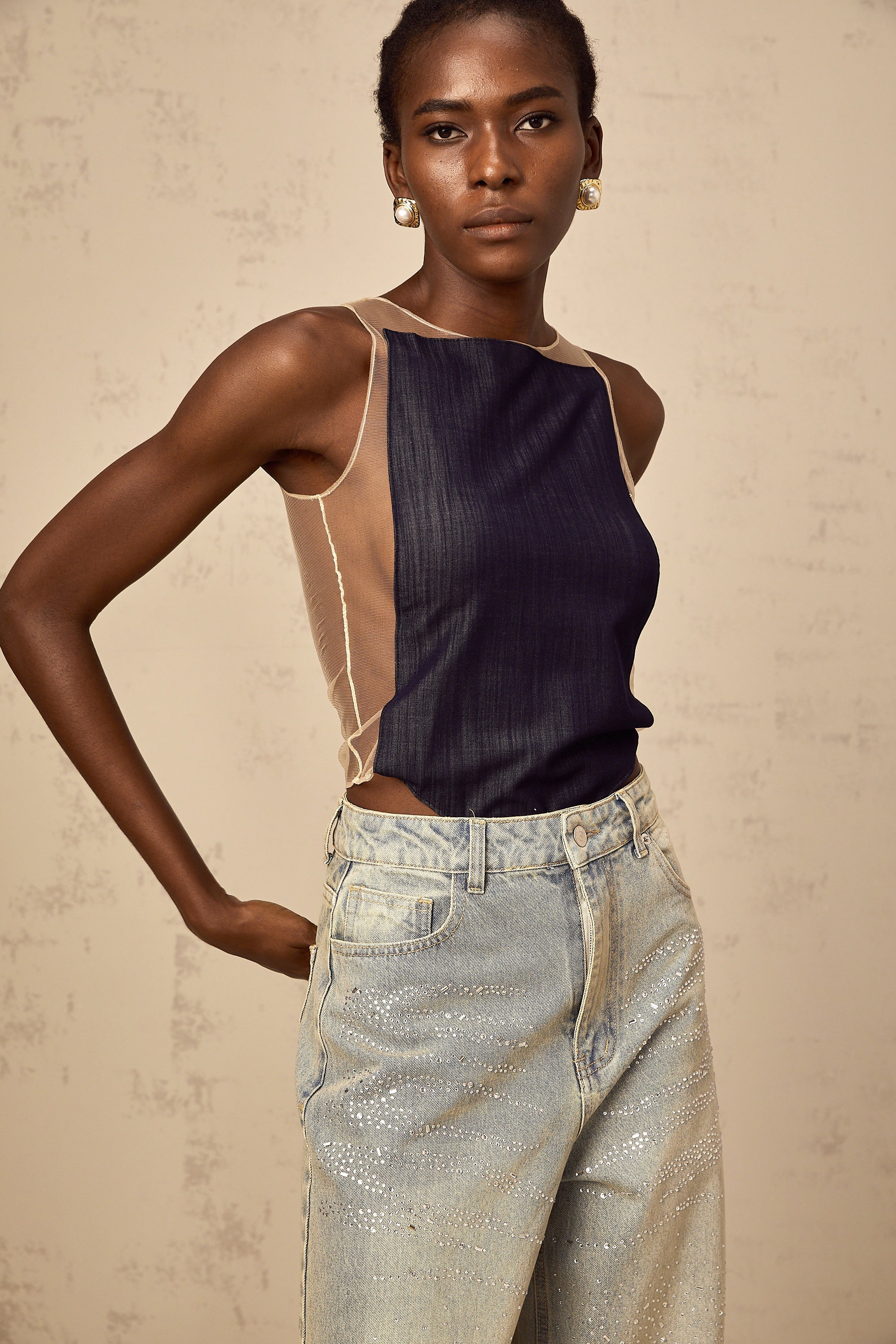 Sandrine blue denim semi-sheer bodysuit (Final Sale)