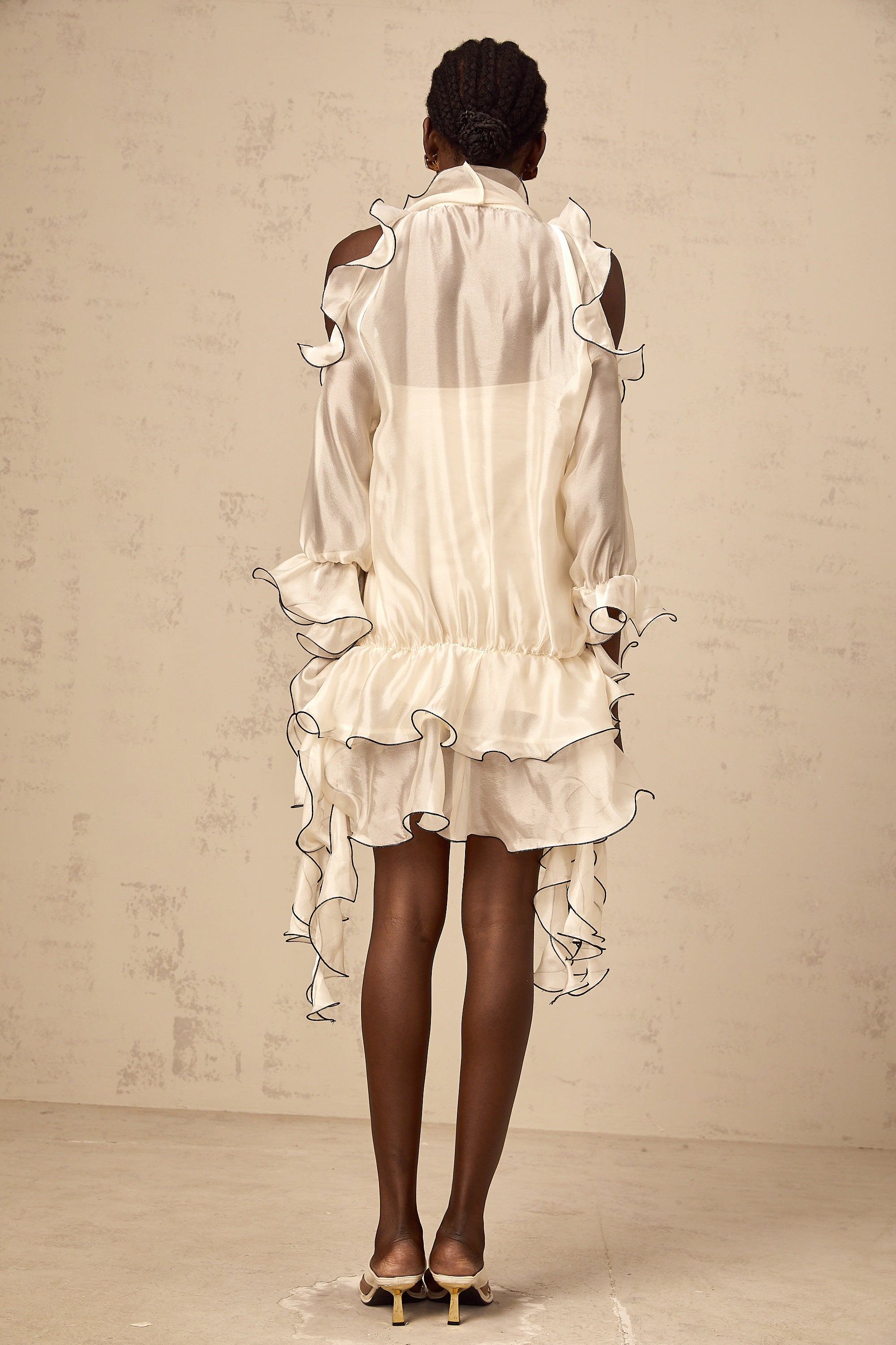 Tiphaine white ribbon-detail flounce mini dress