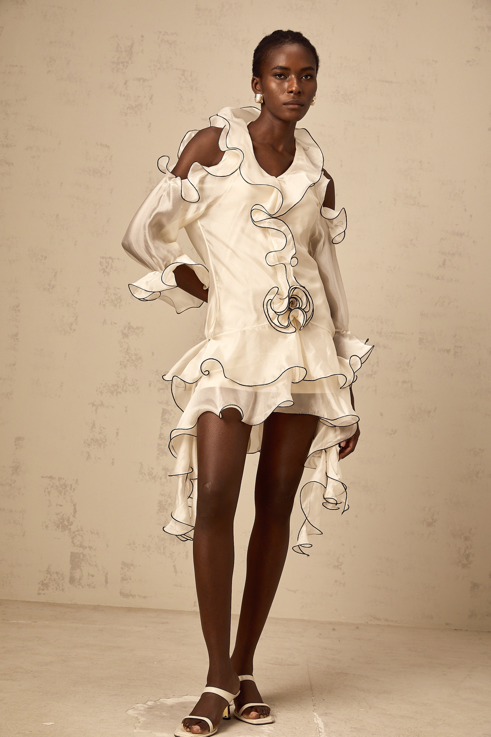 Tiphaine white ribbon-detail flounce mini dress