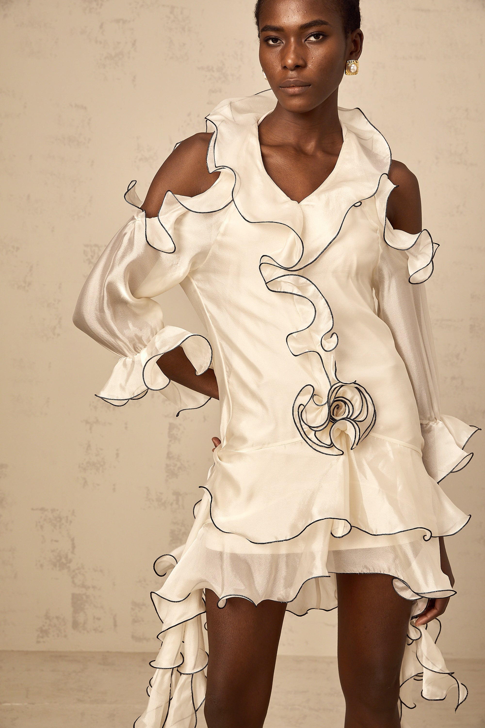Tiphaine white ribbon-detail flounce mini dress