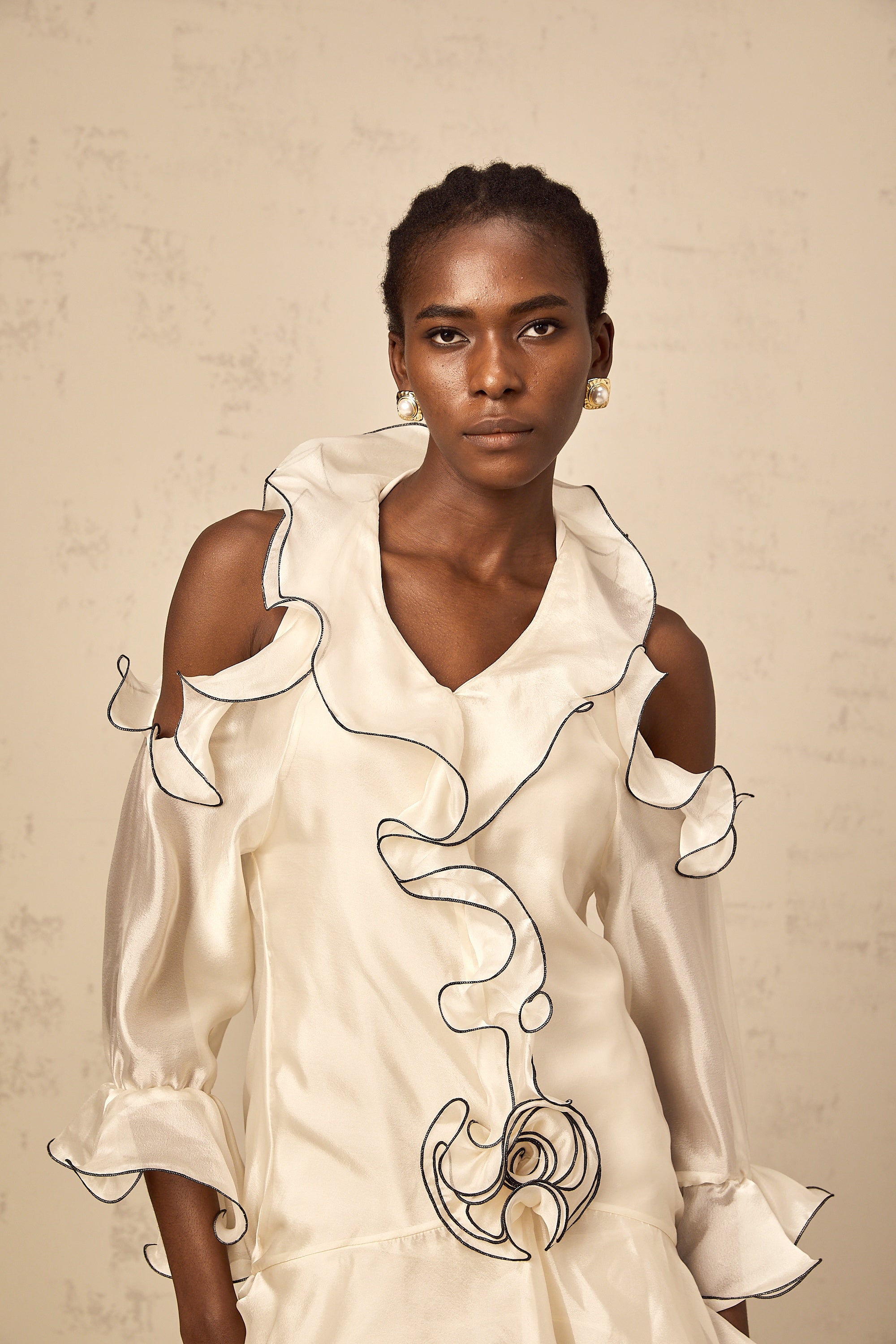 Tiphaine white ribbon-detail flounce mini dress