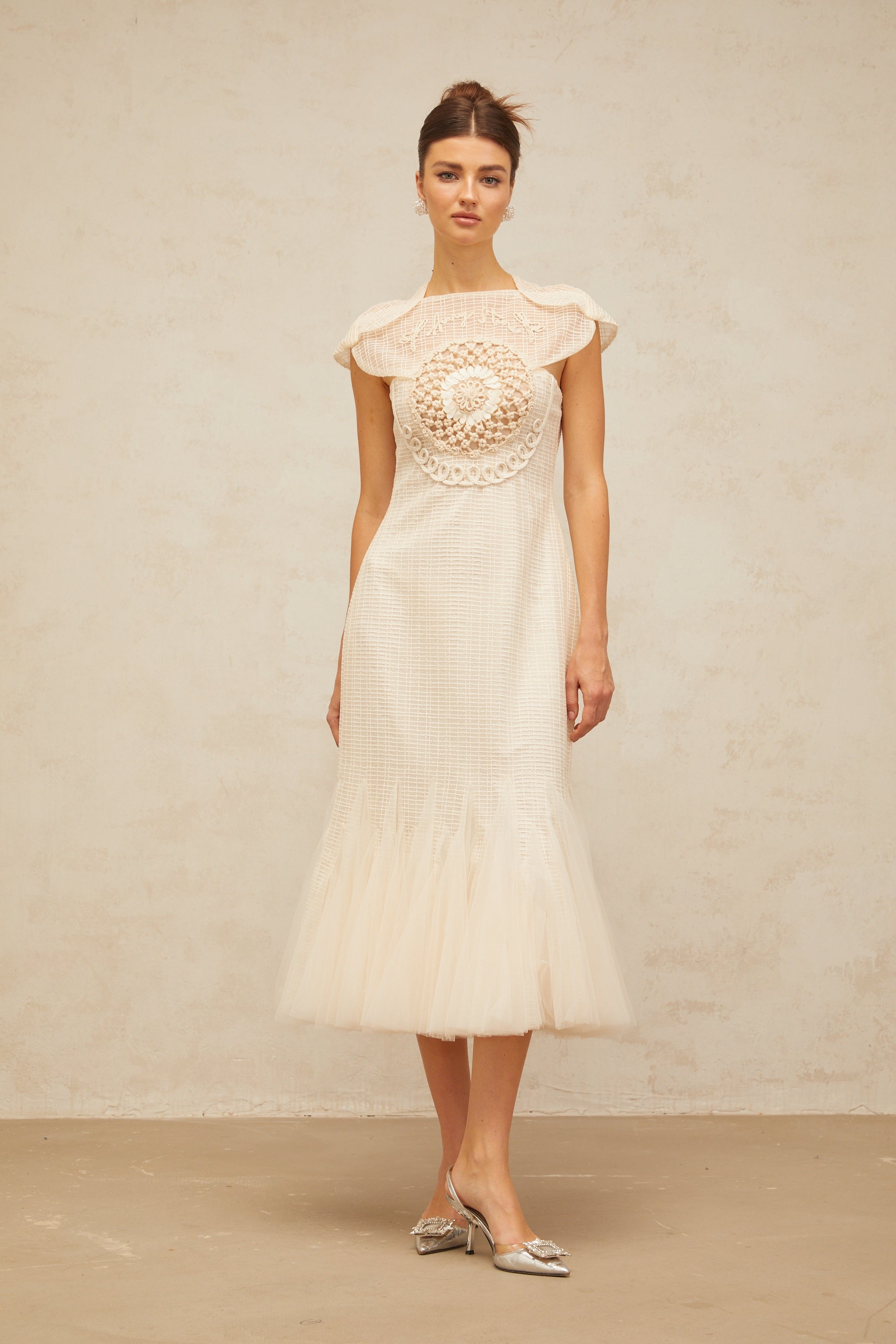 Bérengère white jacquard tulle-panel midi dress