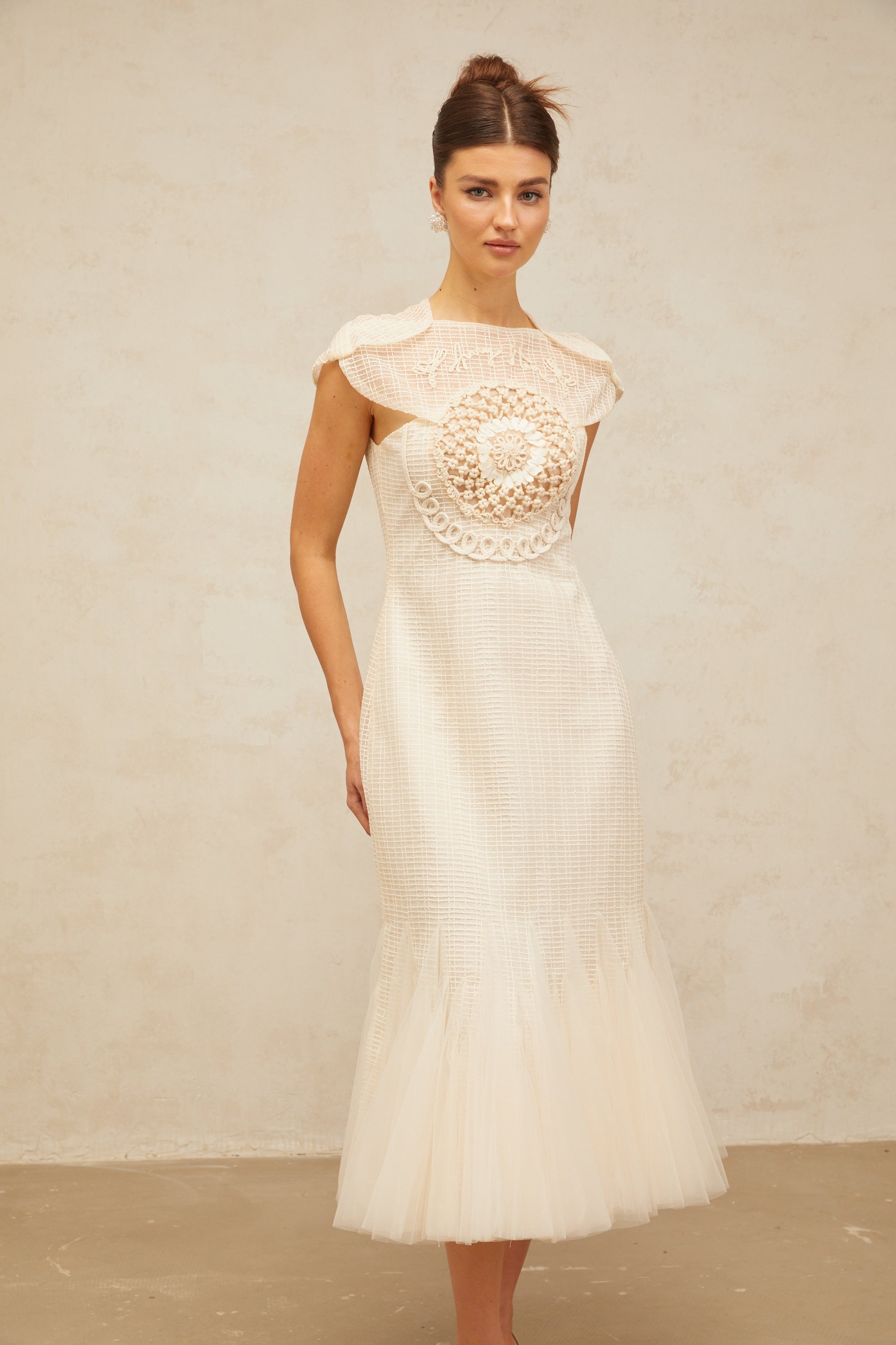 Bérengère white jacquard tulle-panel midi dress