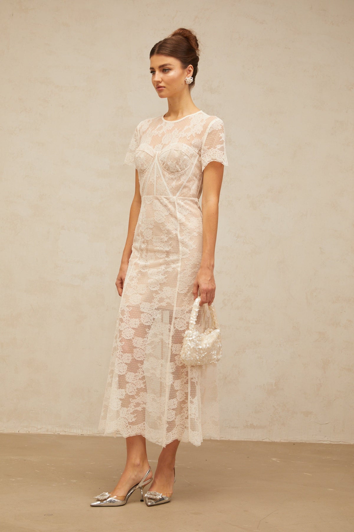 Célia floral-lace midi dress in White