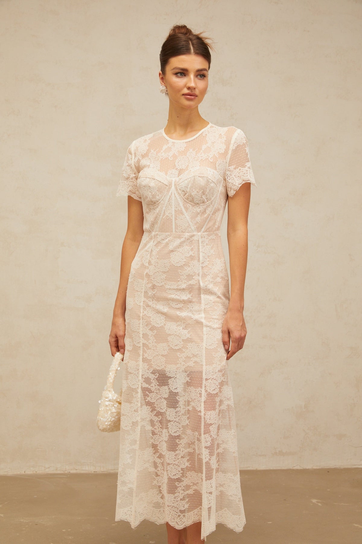 Célia floral-lace midi dress in White