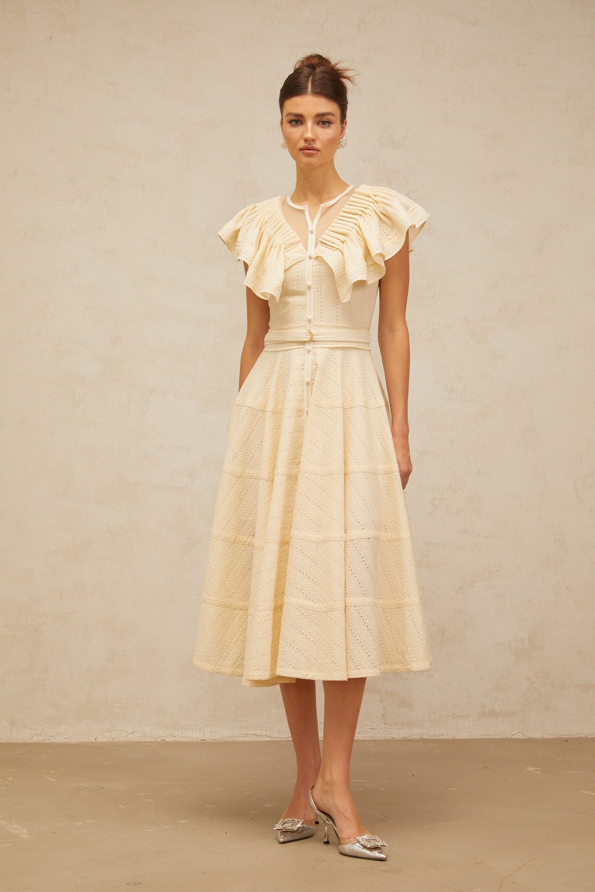Irène neutrals belted pointelle-trim ruffled midi dress