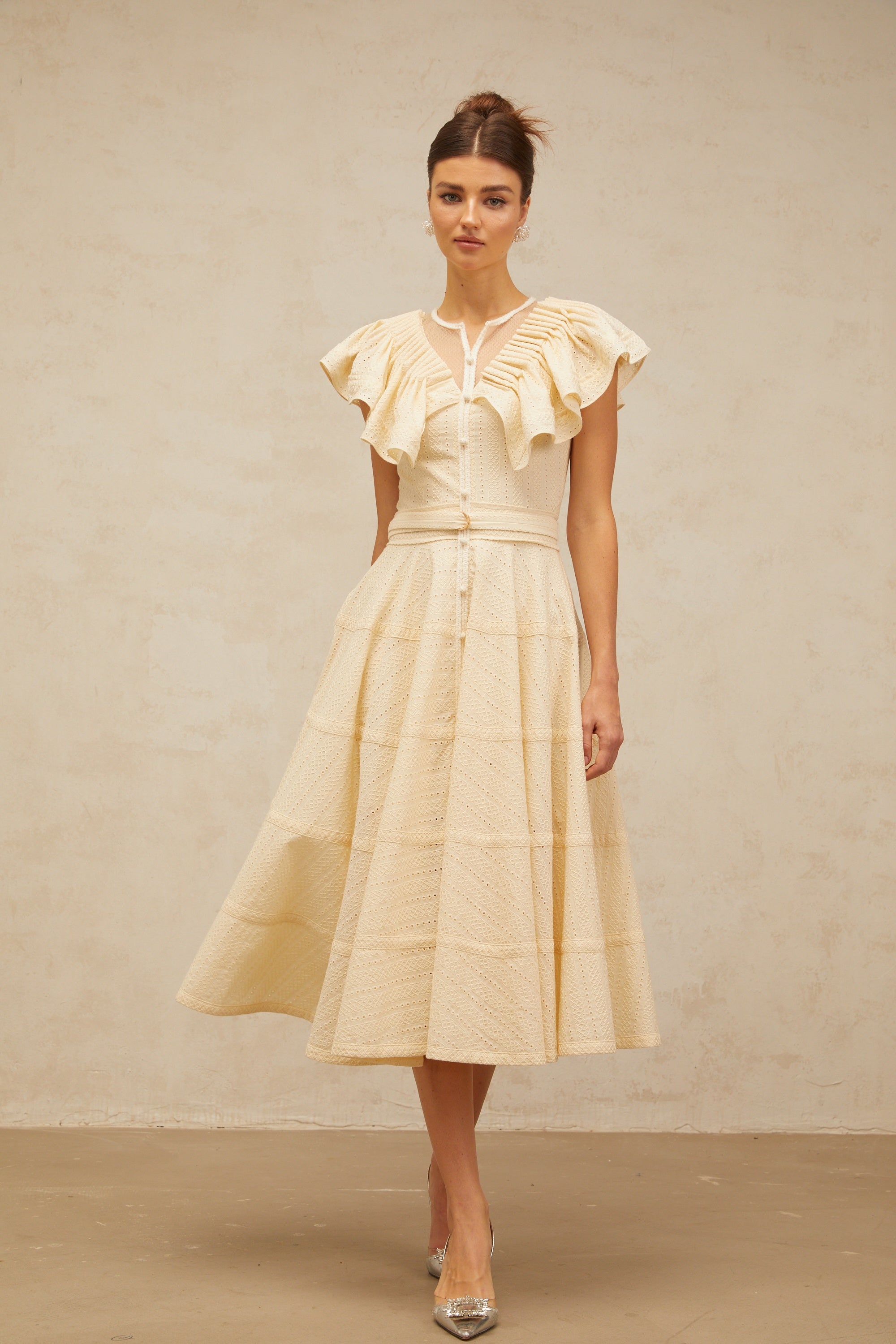 Irène neutrals belted pointelle-trim ruffled midi dress