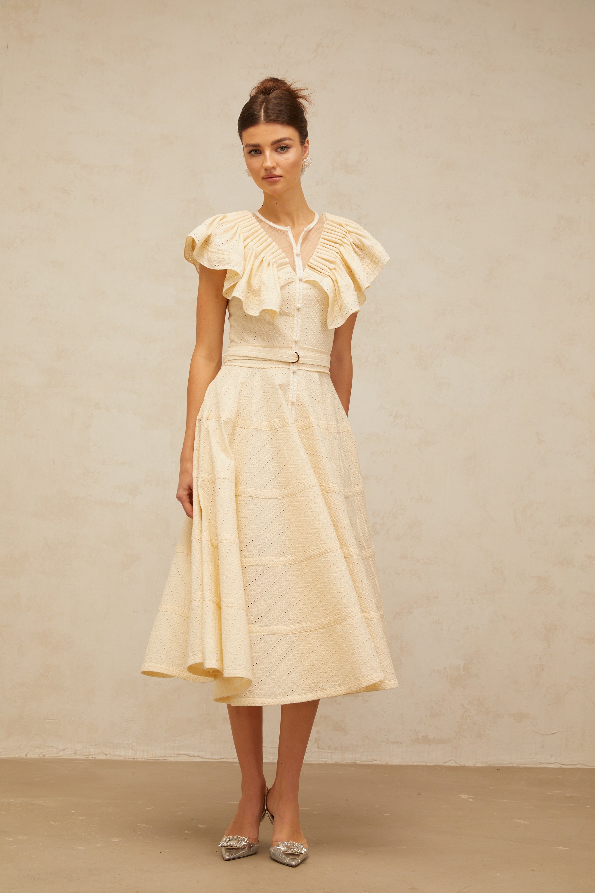 Irène neutrals belted pointelle-trim ruffled midi dress