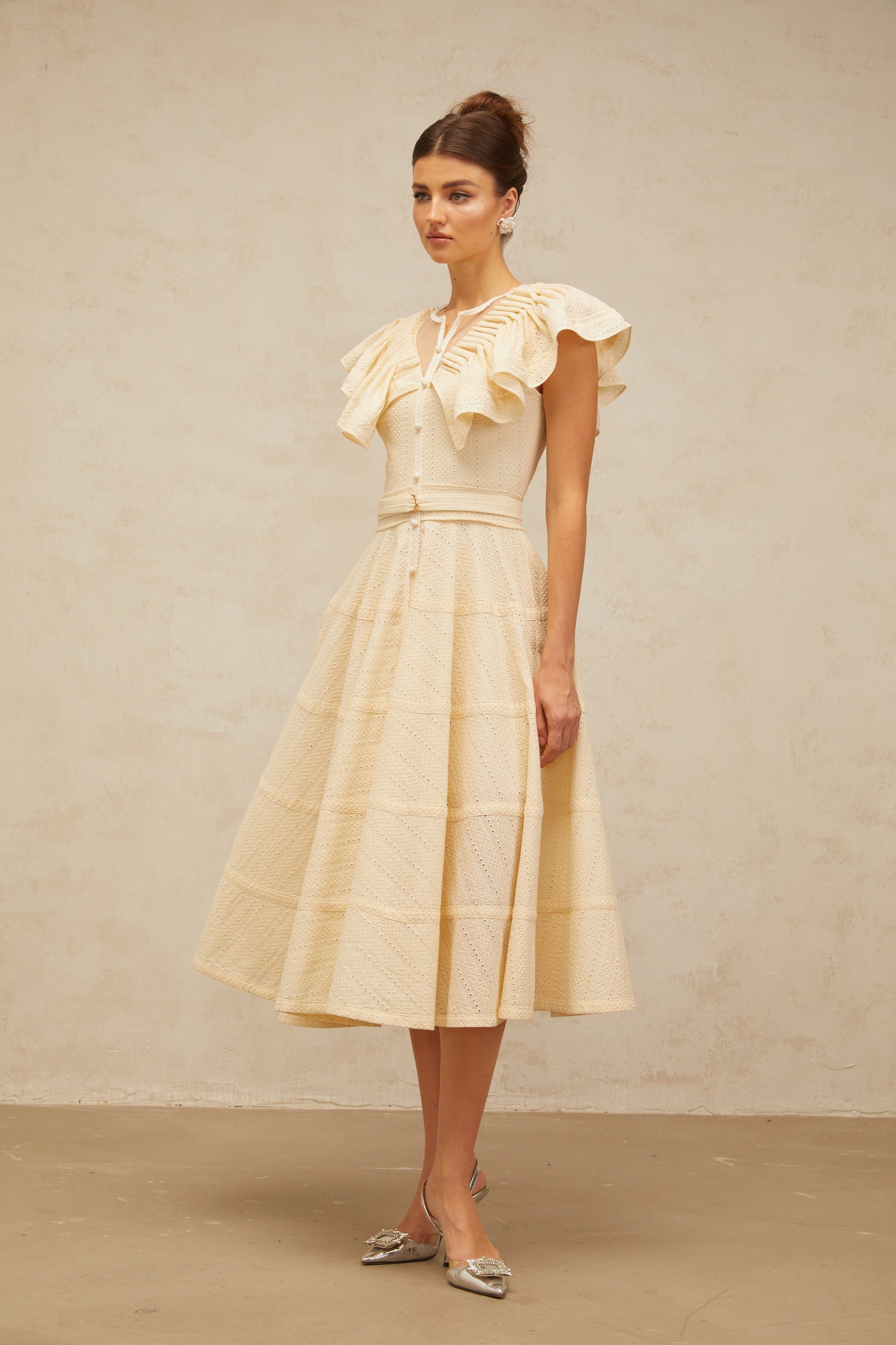 Irène neutrals belted pointelle-trim ruffled midi dress