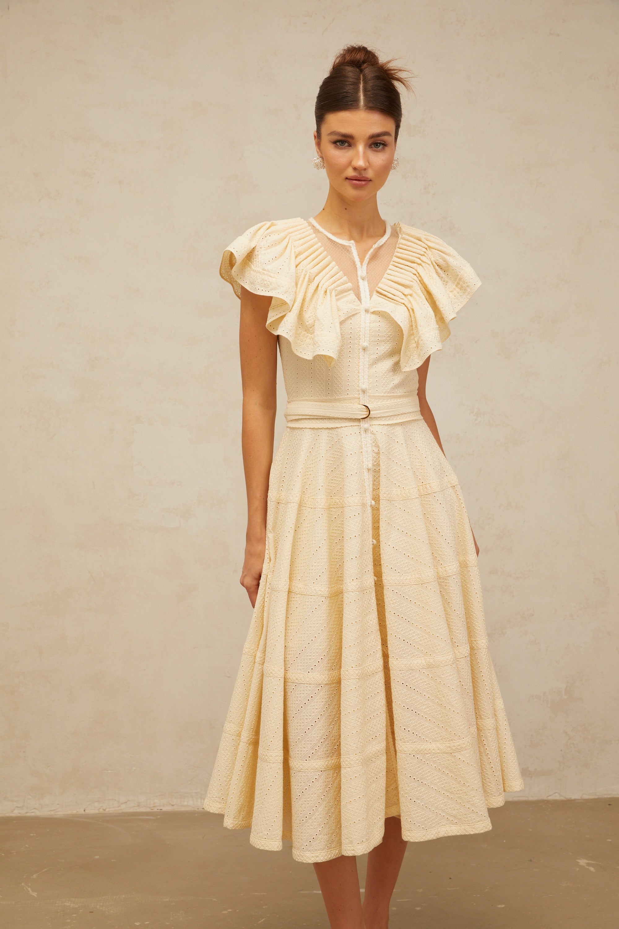 Irène neutrals belted pointelle-trim ruffled midi dress