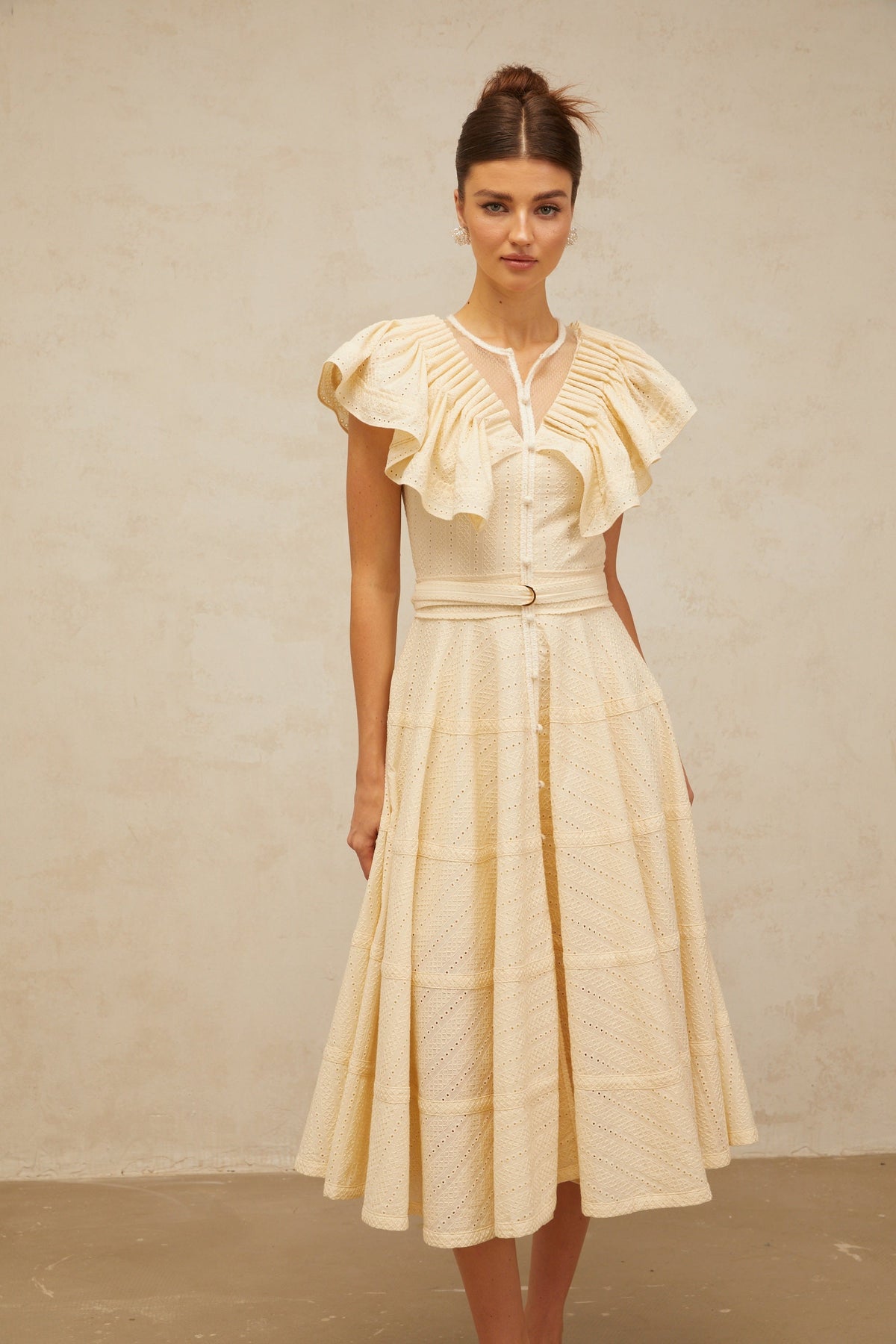 Irène neutrals belted pointelle-trim ruffled midi dress