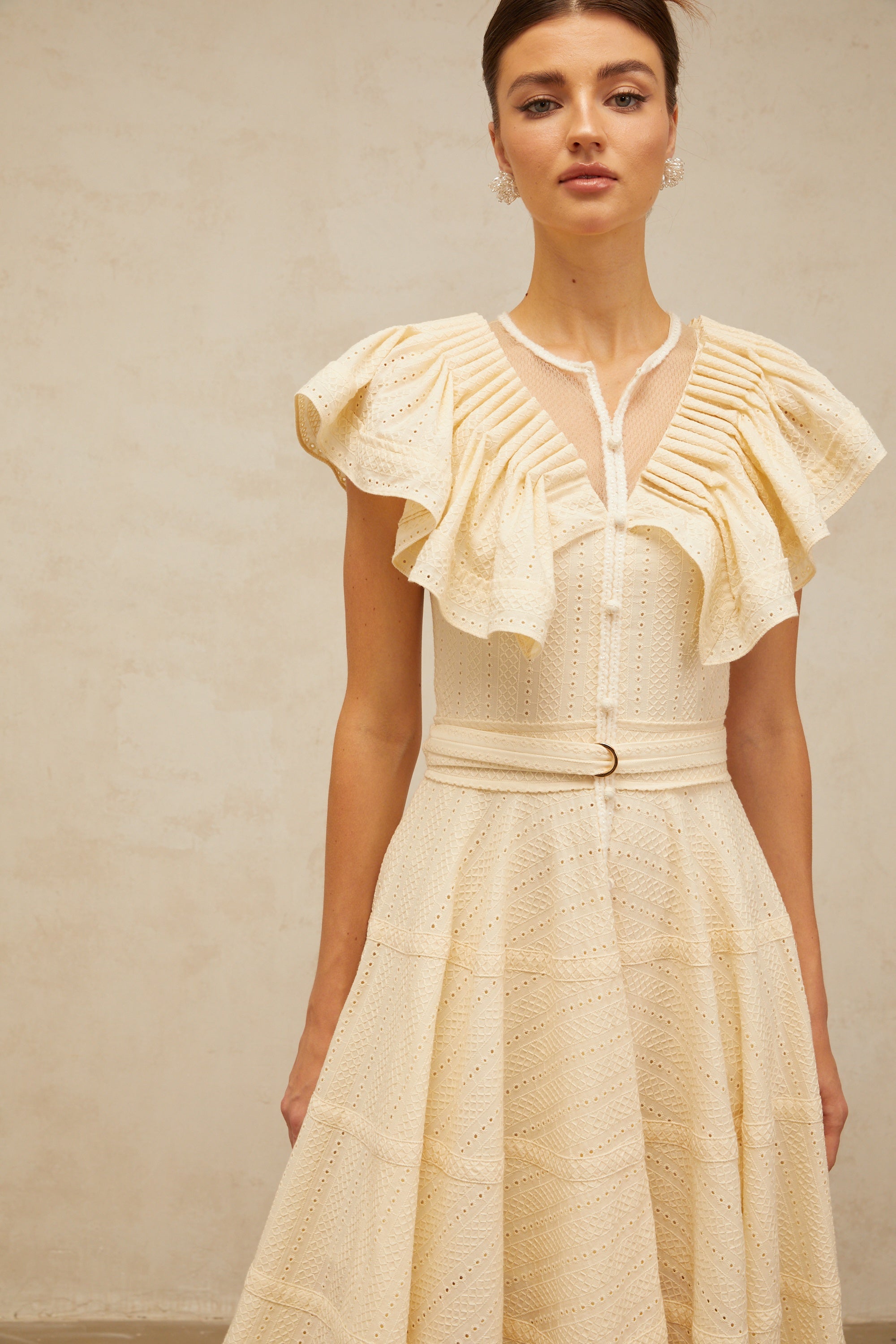 Irène neutrals belted pointelle-trim ruffled midi dress