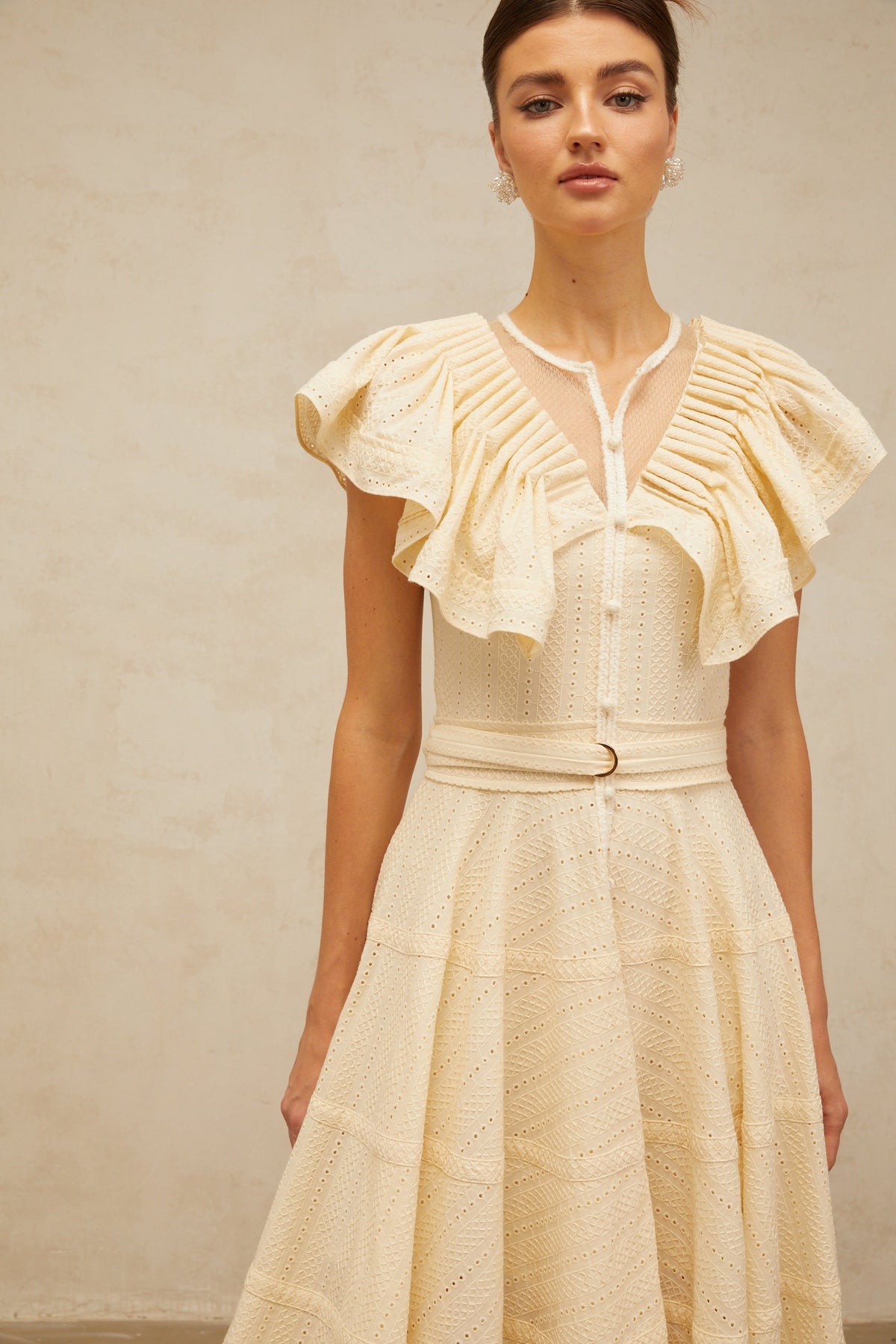 Irène neutrals belted pointelle-trim ruffled midi dress