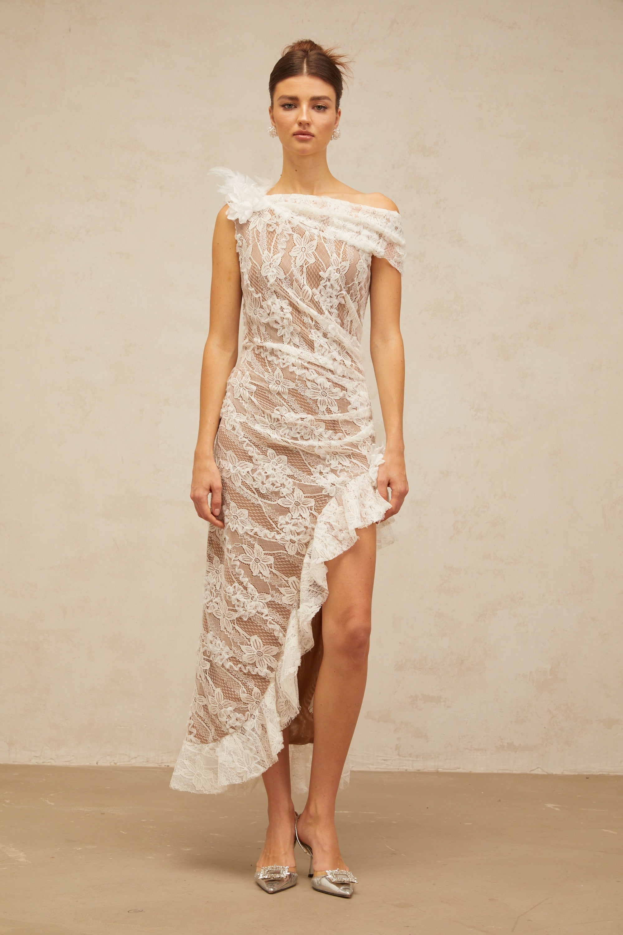Suzanne white asymmetrical floral-lace midi dress