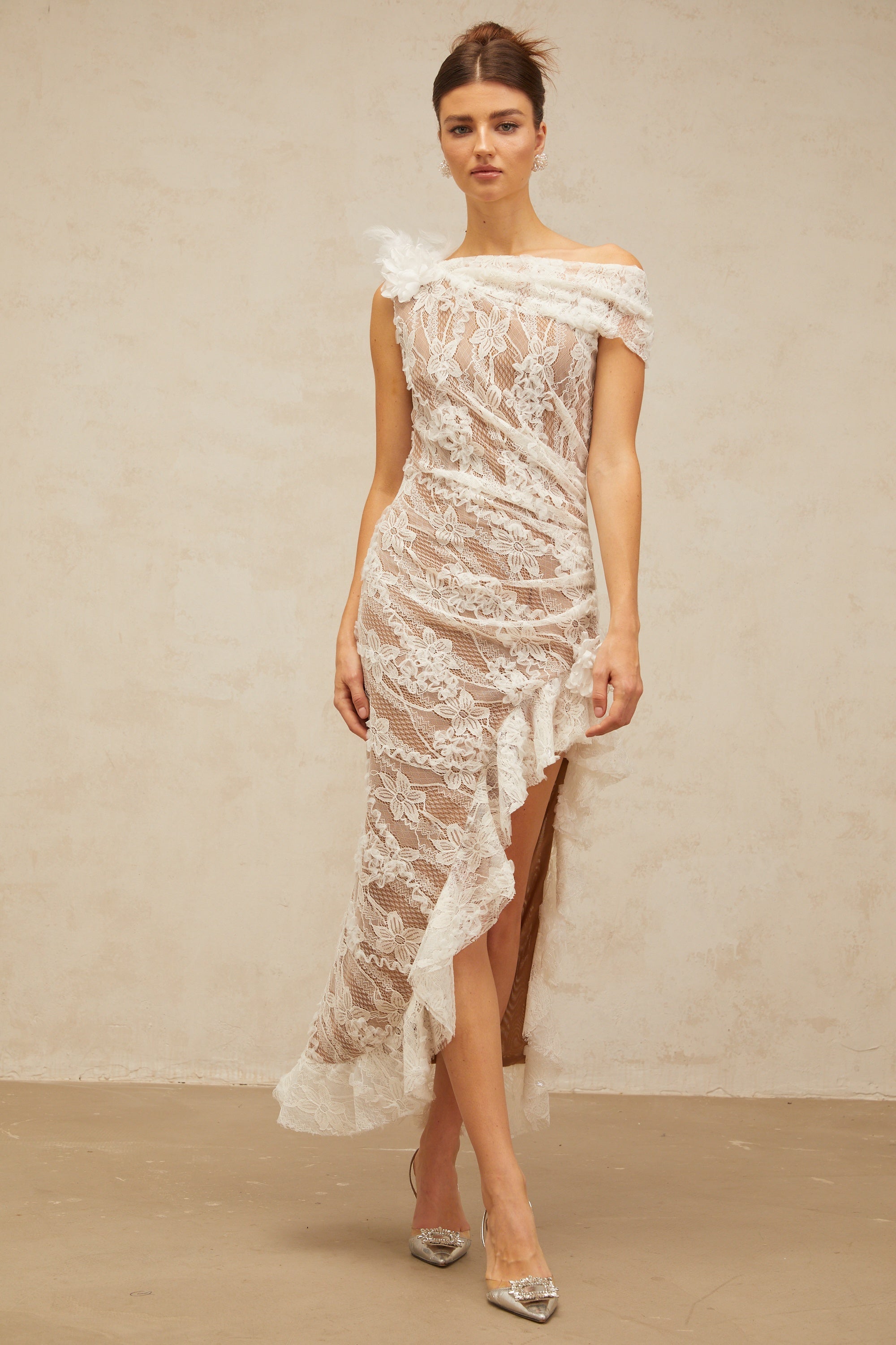 Suzanne white asymmetrical floral-lace midi dress
