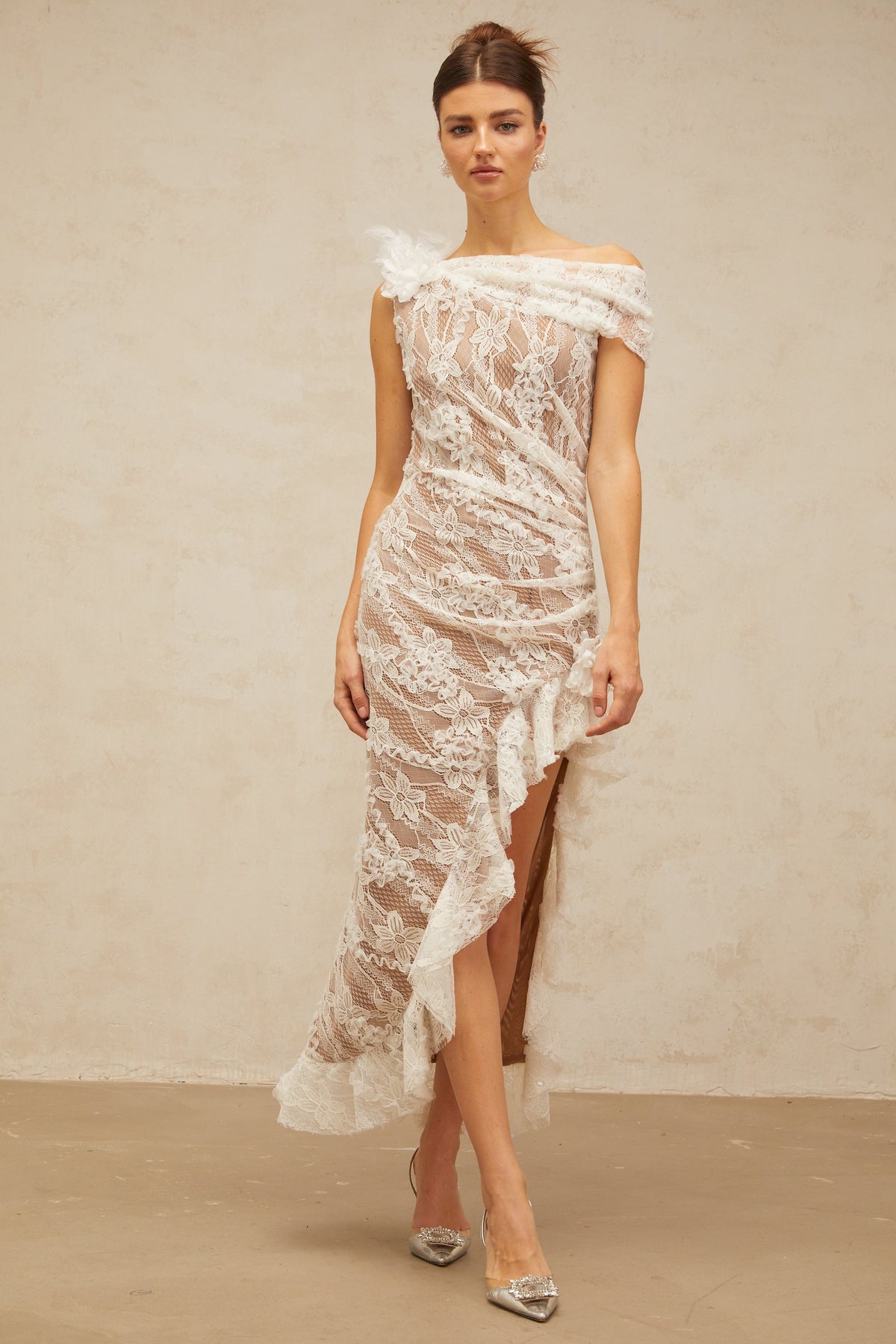 Suzanne white asymmetrical floral-lace midi dress